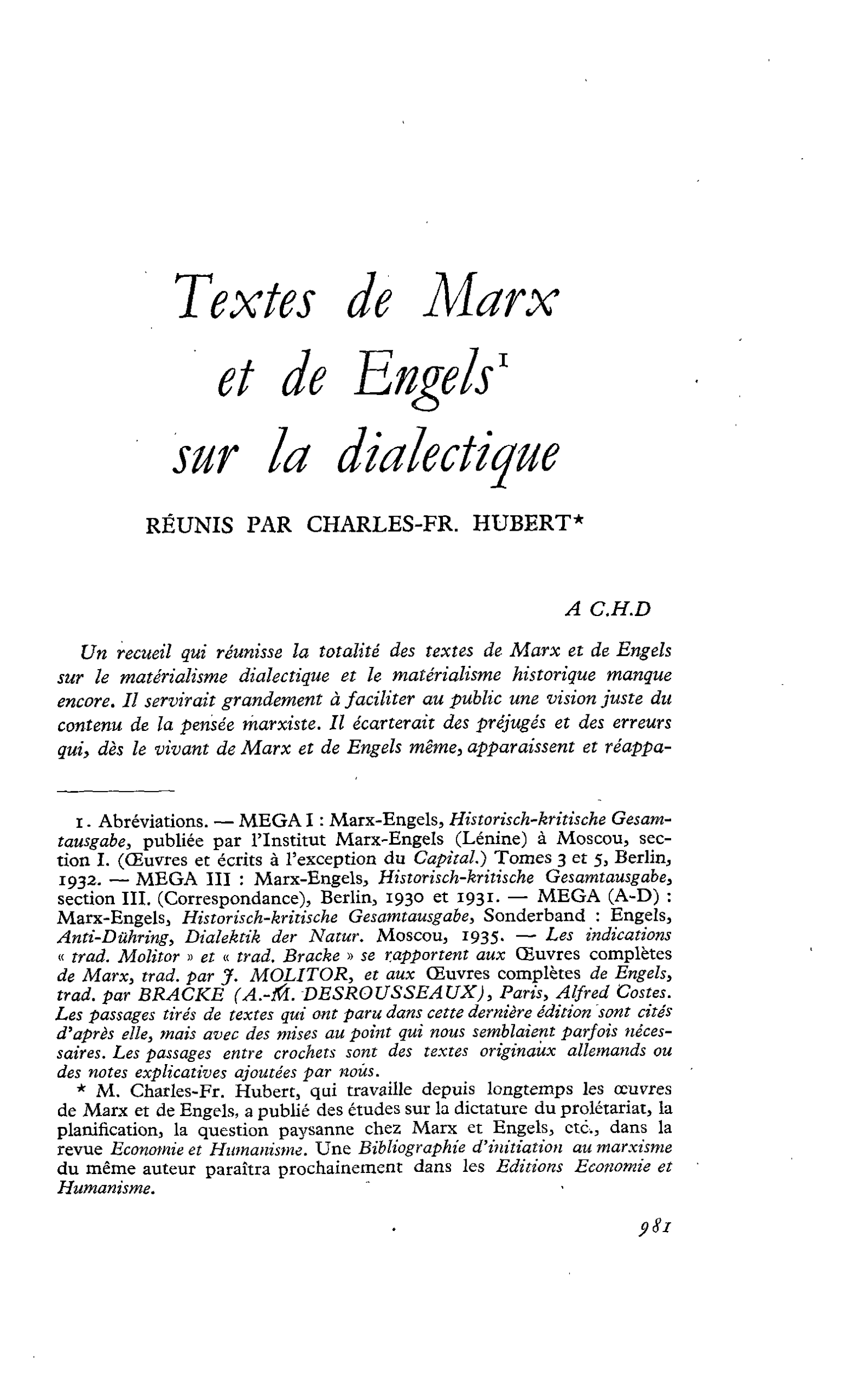 Textes de Marx et de Engels sur la dialectique