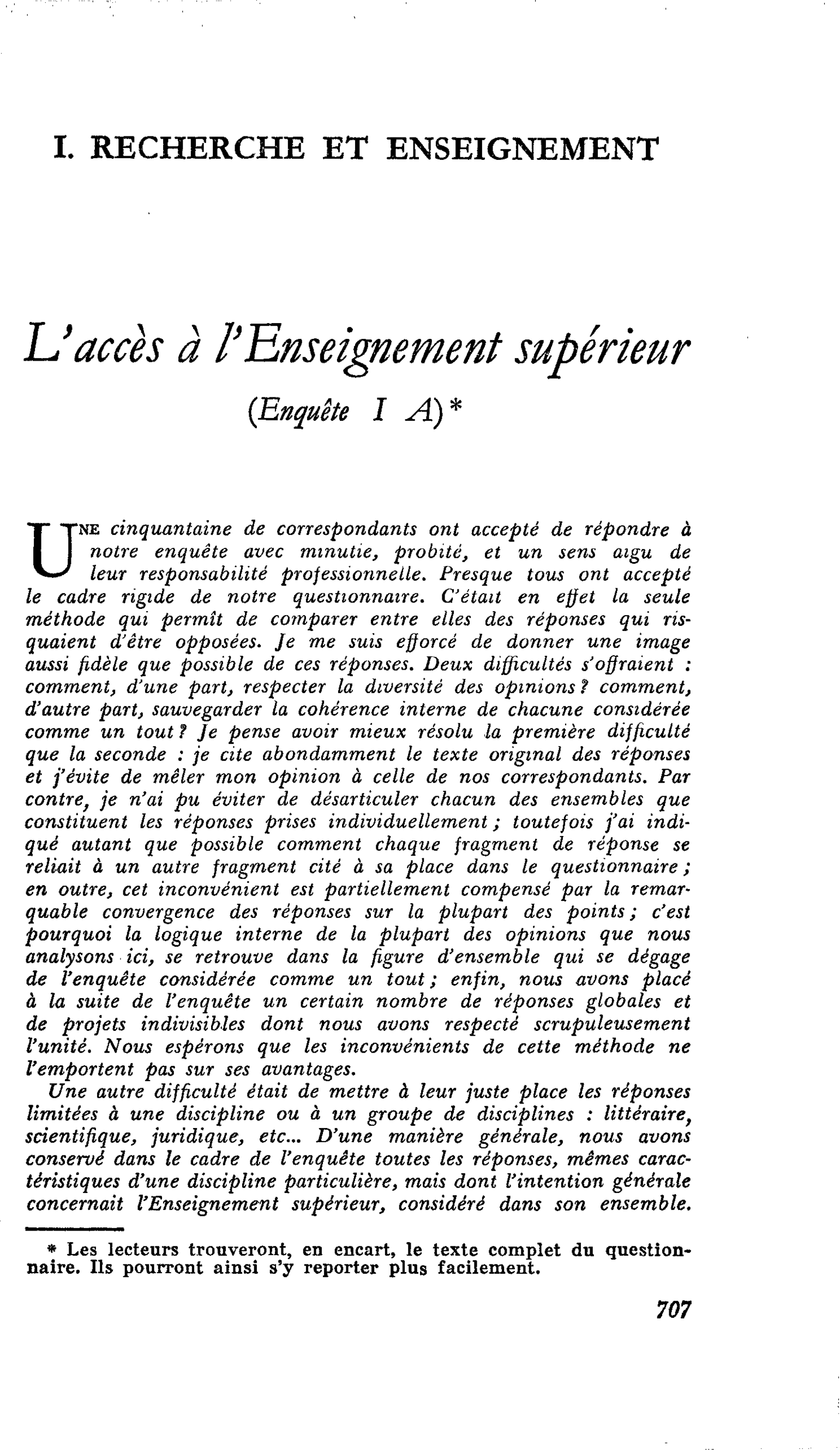 L’accès à l’enseignement supérieur {Enquête I A)