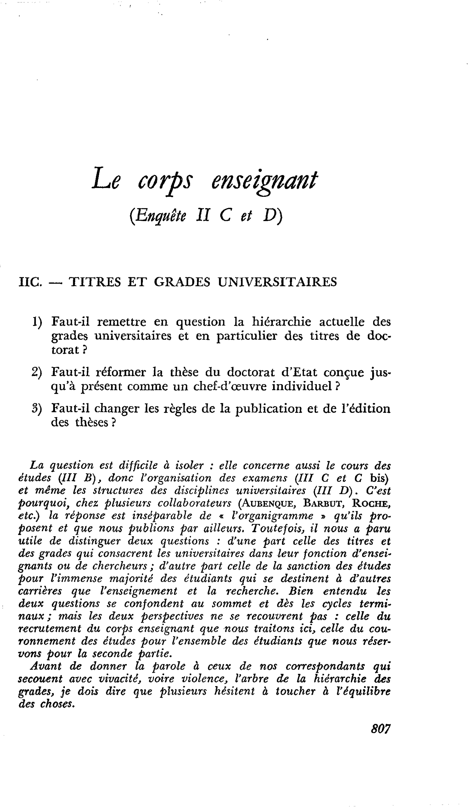 Le corps enseignant (Enquête II C et D)