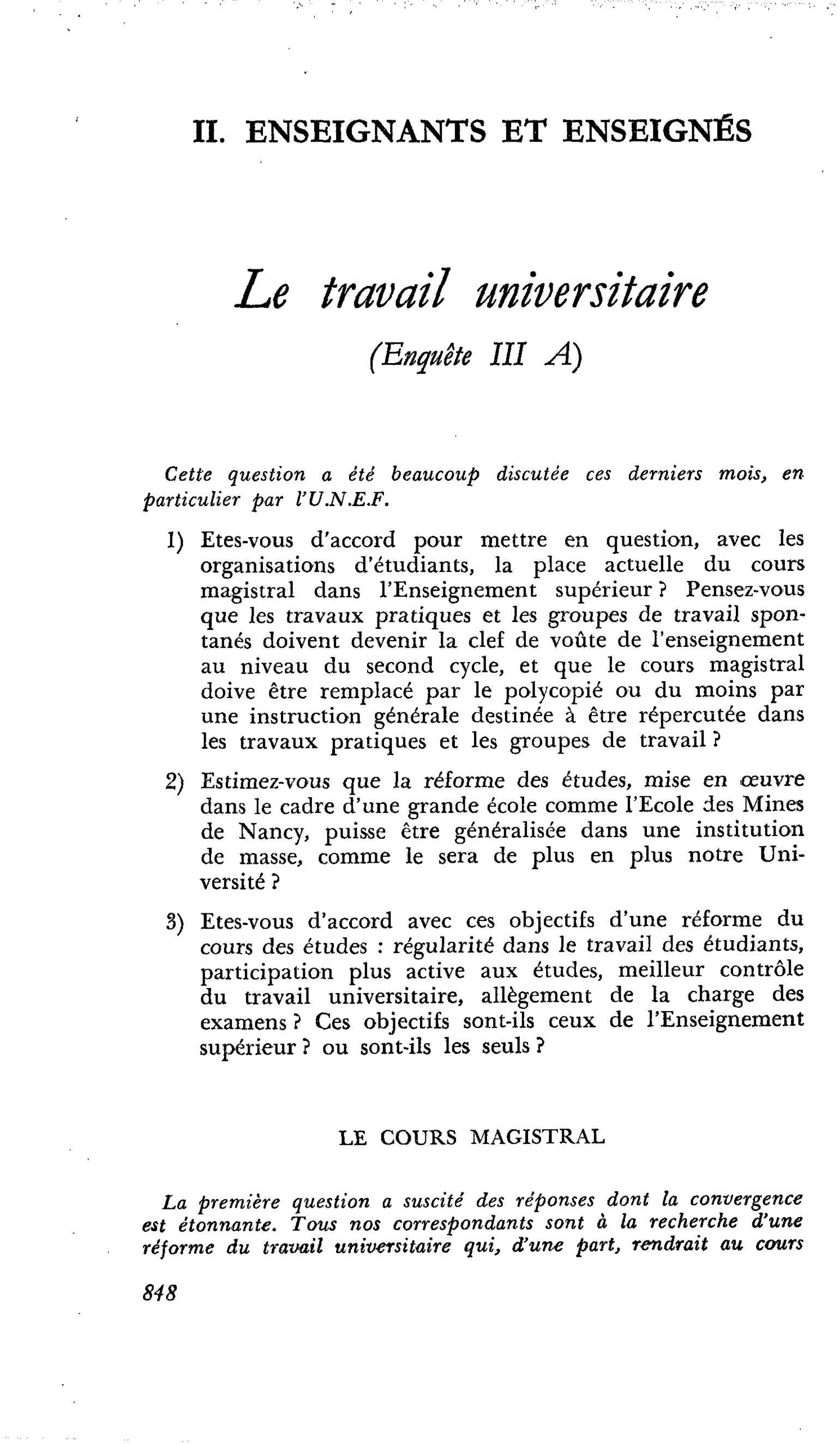 Le travail universitaire (Enquête III A)