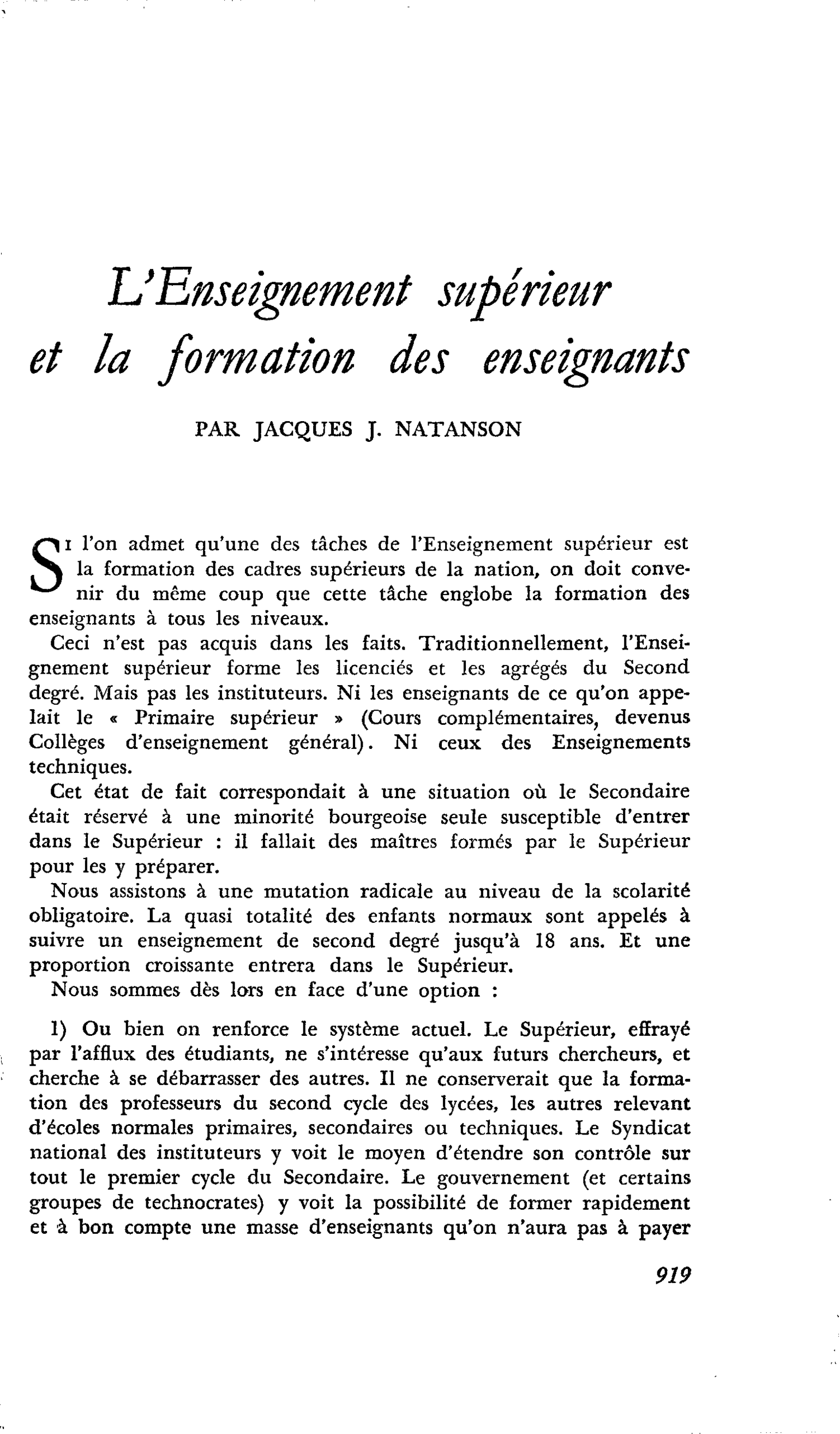 L’Enseignement supérieur et la formation des enseignants
