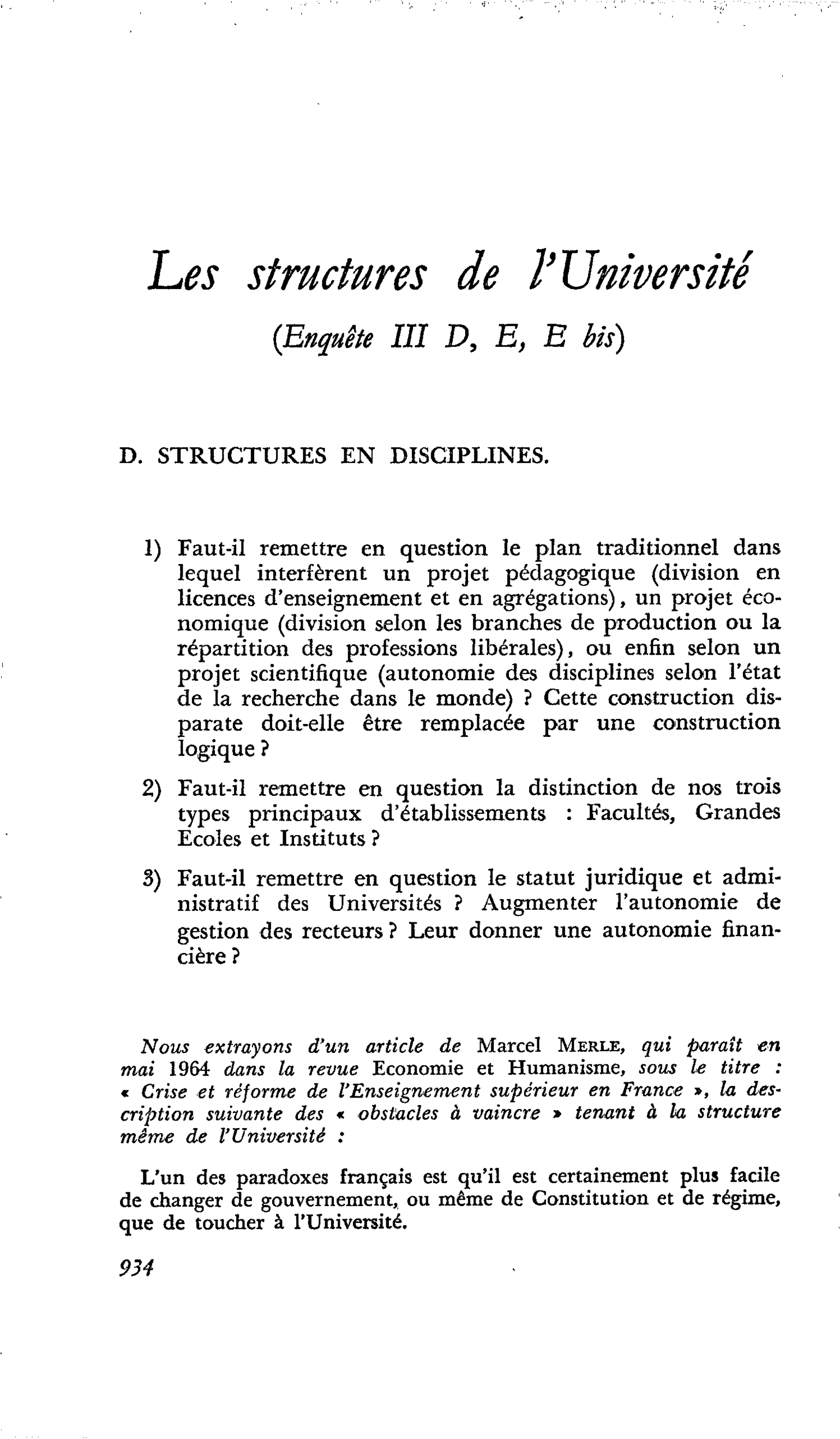 Les structures de l’Université (Enquête III D, E, E bis)