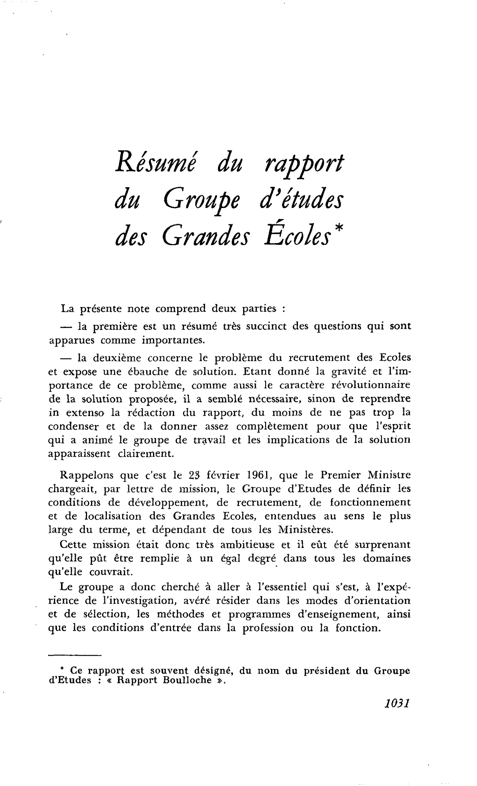 Résumé du rapport du Groupe d’études des Grandes Ecoles