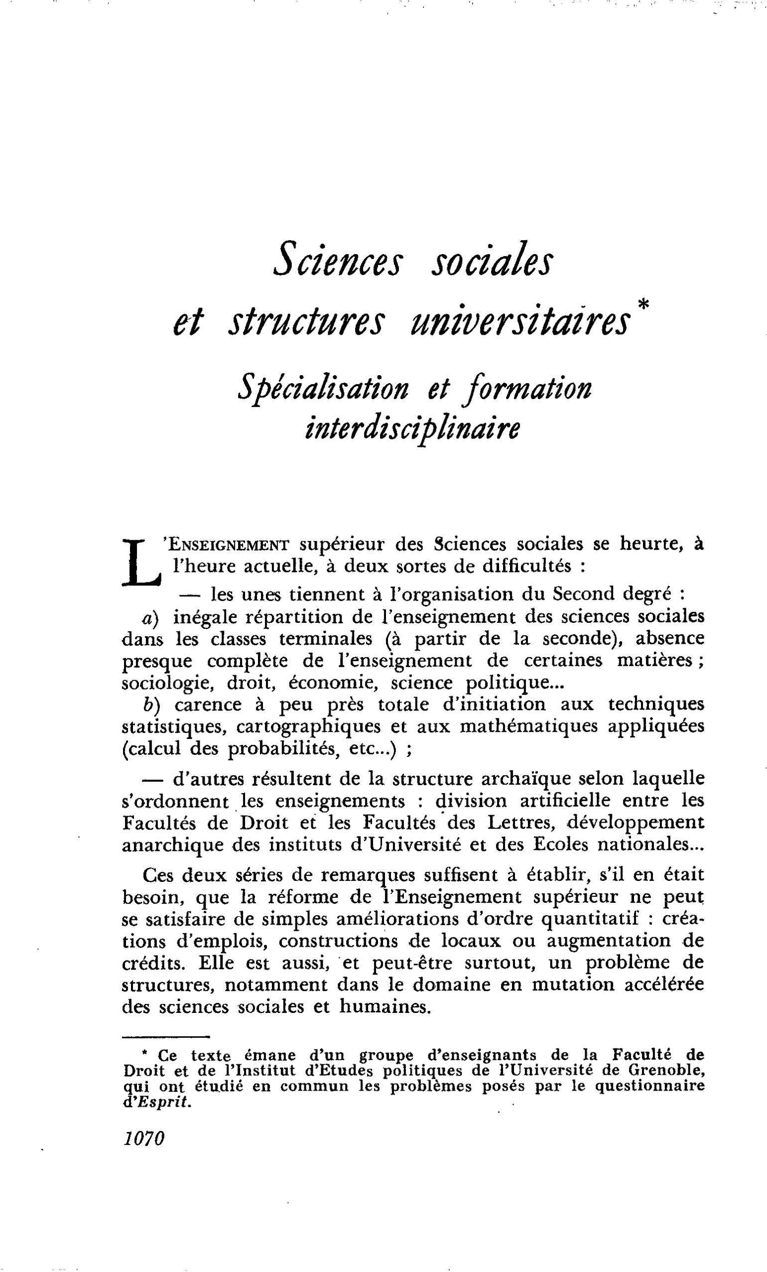 Sciences sociales et structures universitaires