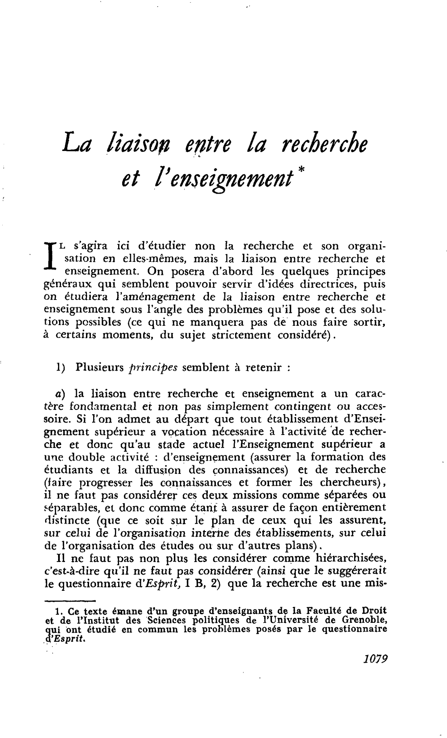 La liaison entre la recherche et l’enseignement