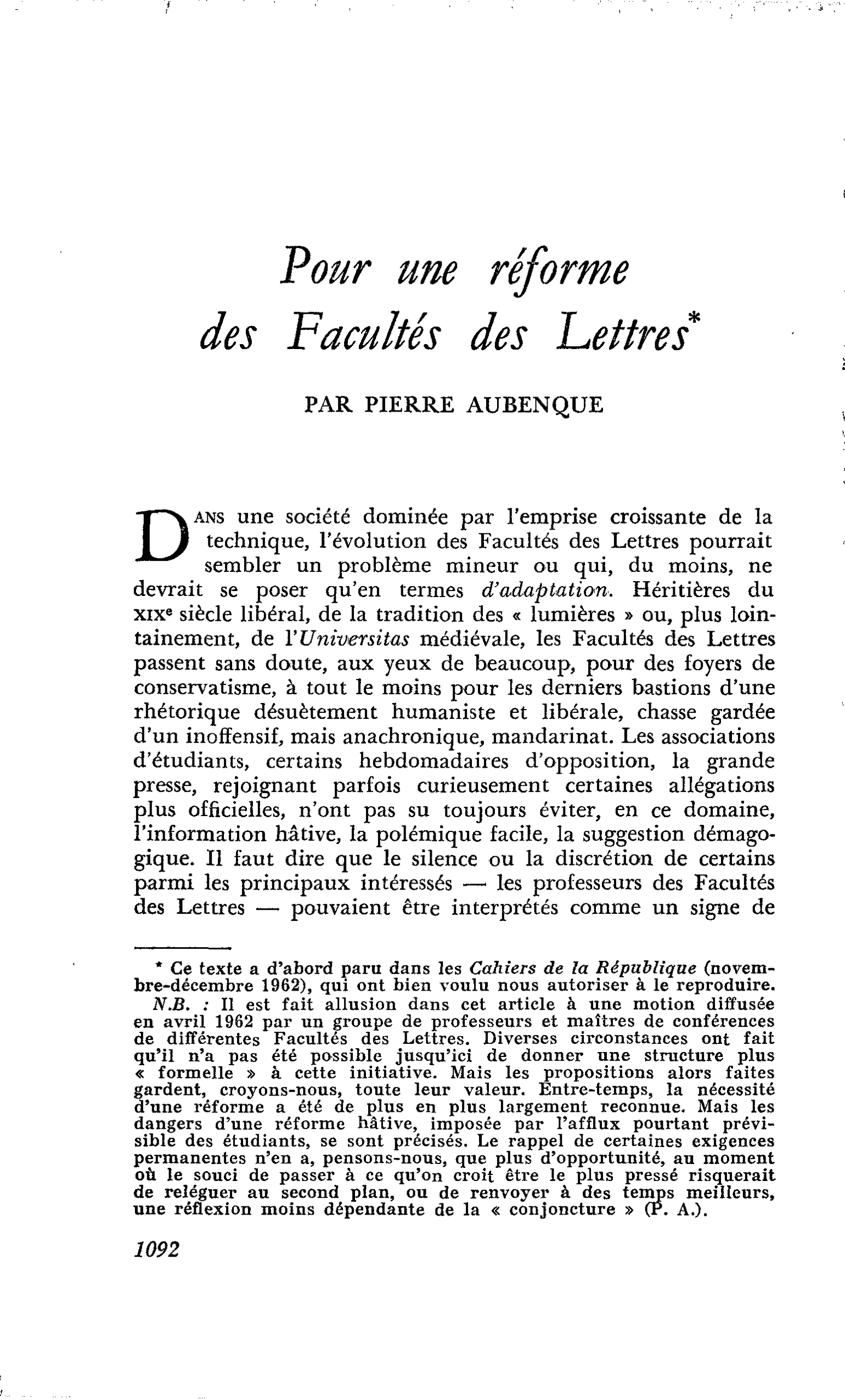 Pour une réforme des Facultés des Lettres