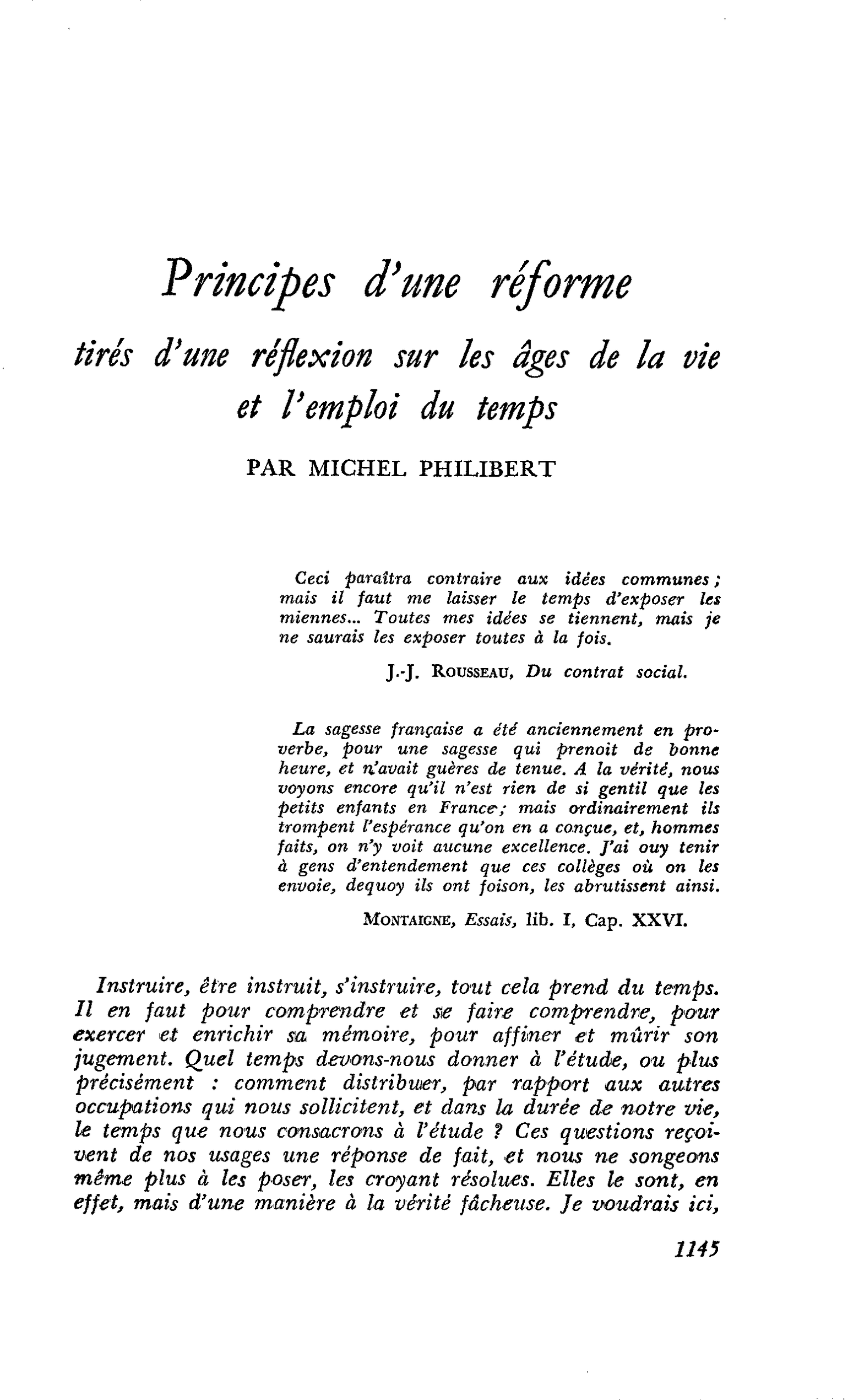 Principes d’une réforme tirés d’une réflexion sur les âges de la vie et l’emploi du temps