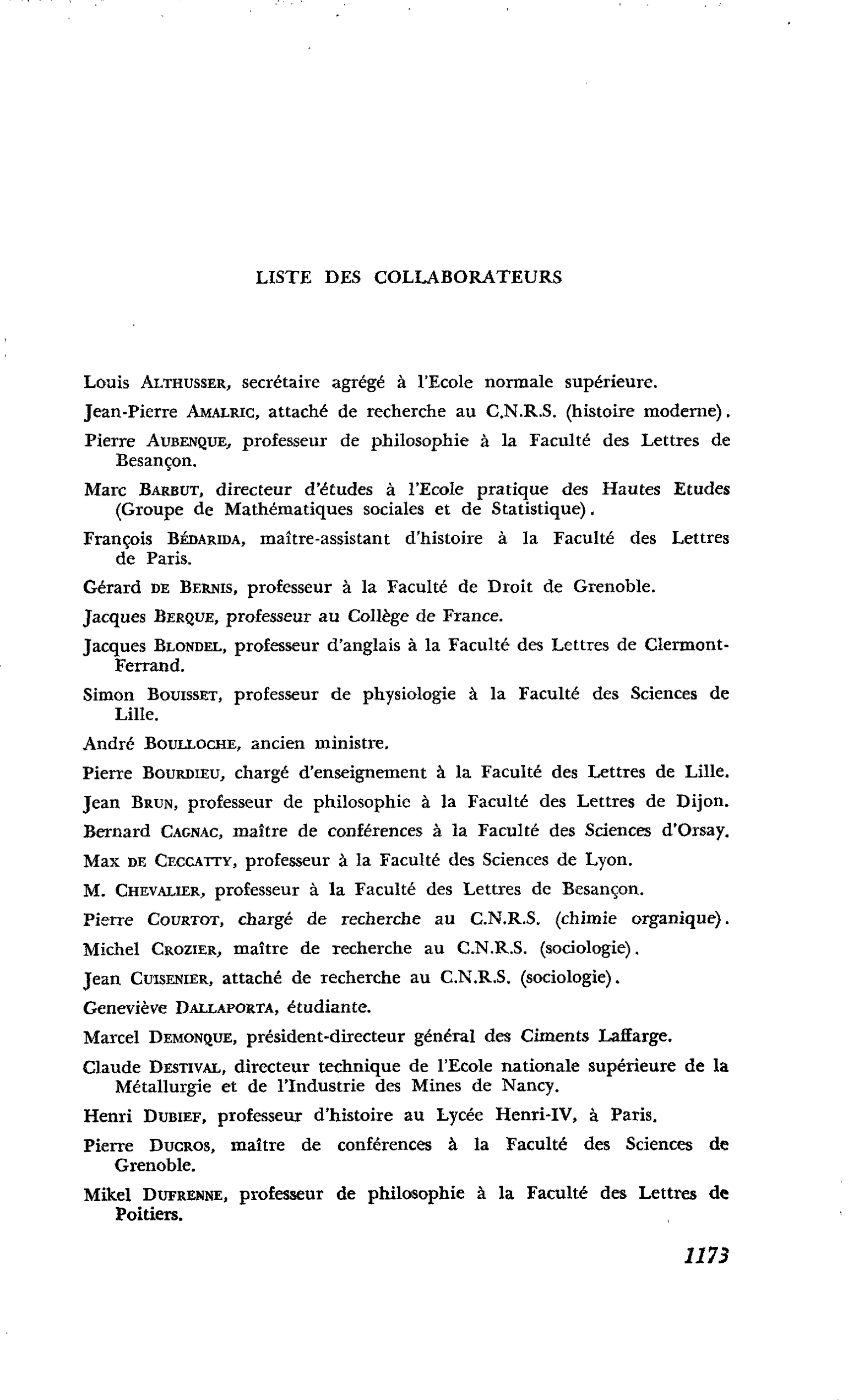LISTE DES COLLABORATEURS