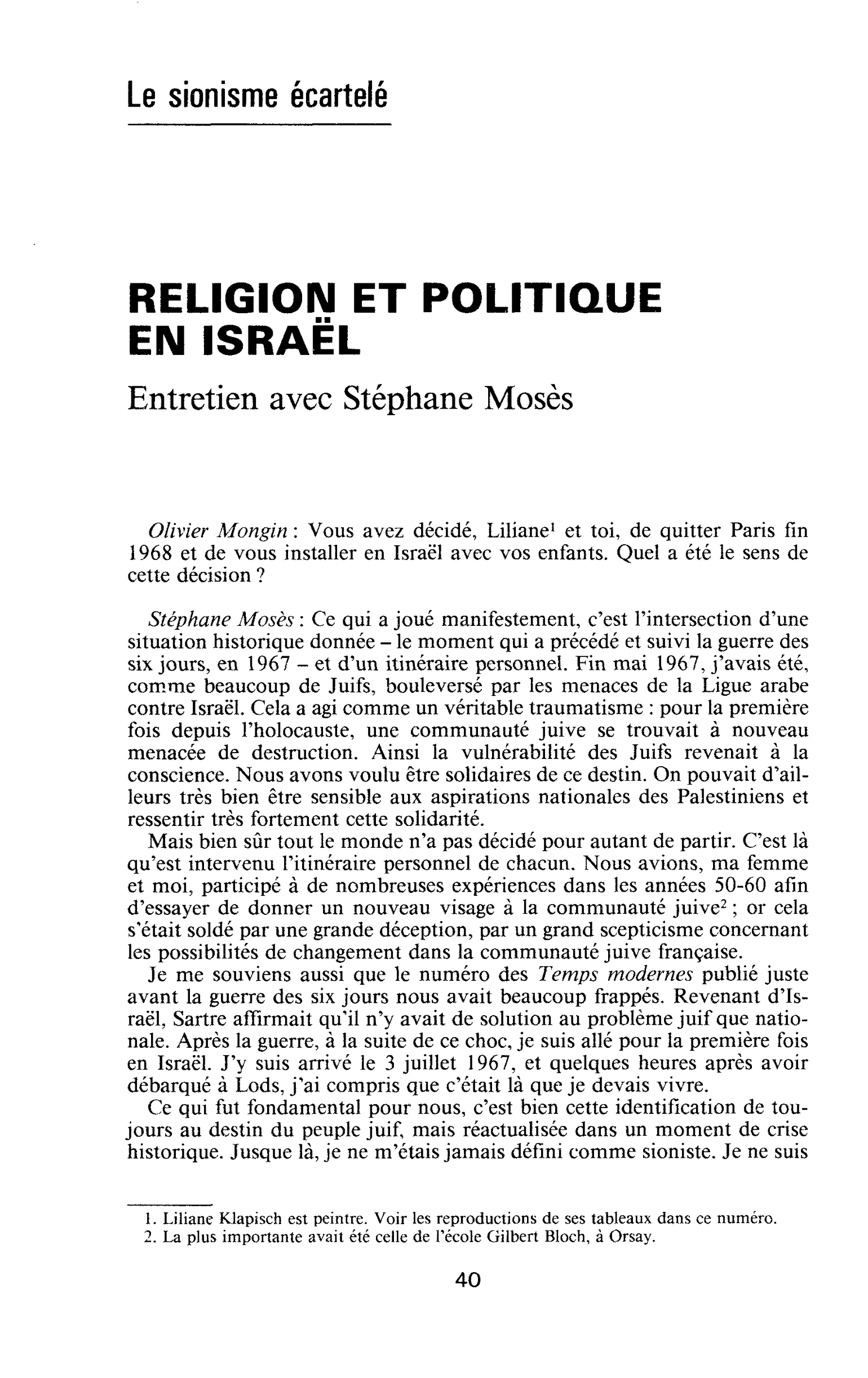RELIGION ET POLITIQUE EN ISRAËL. Entretien avec Stéphane Mosès