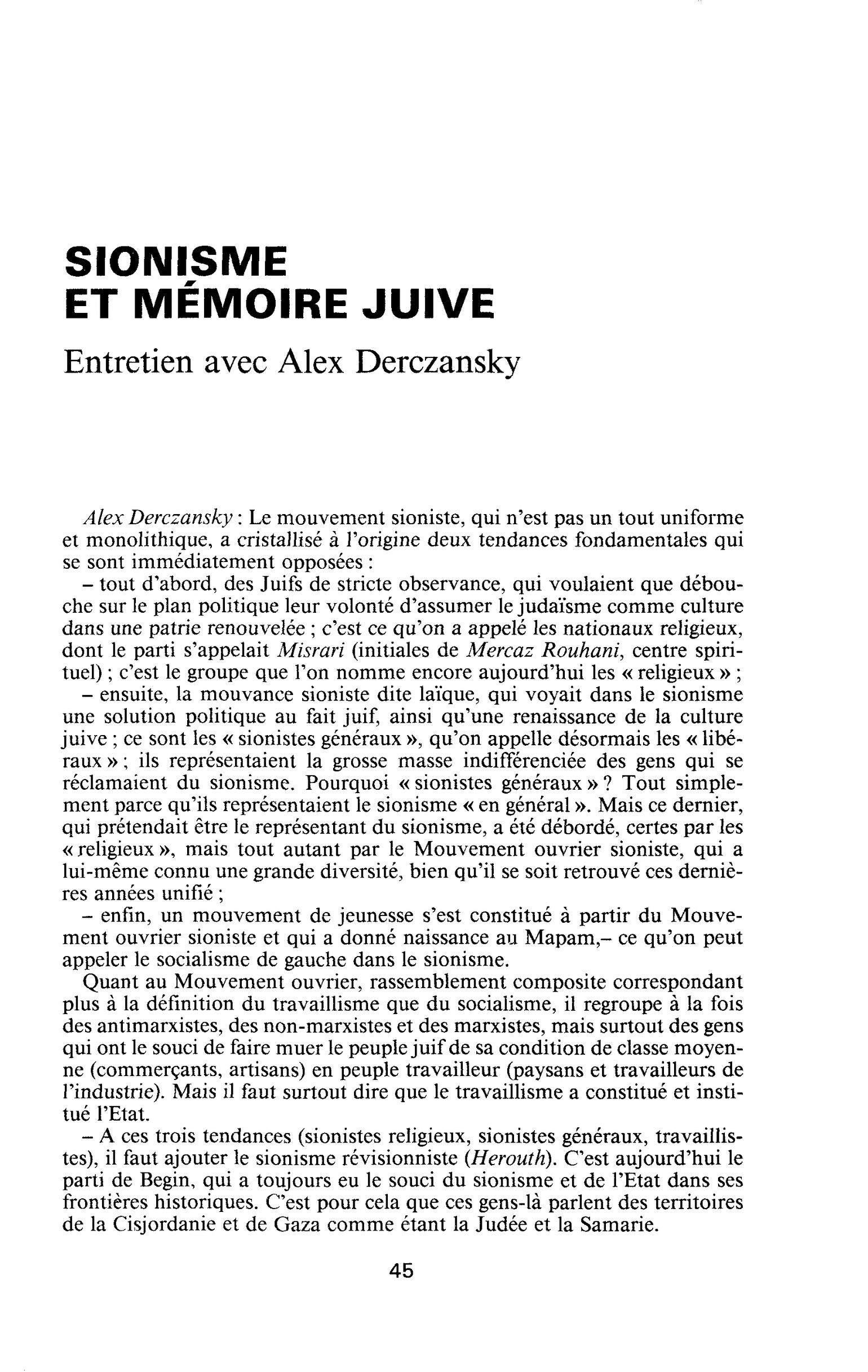 SIONISME ET MÉMOIRE JUIVE. Entretien avec Alex Derczansky