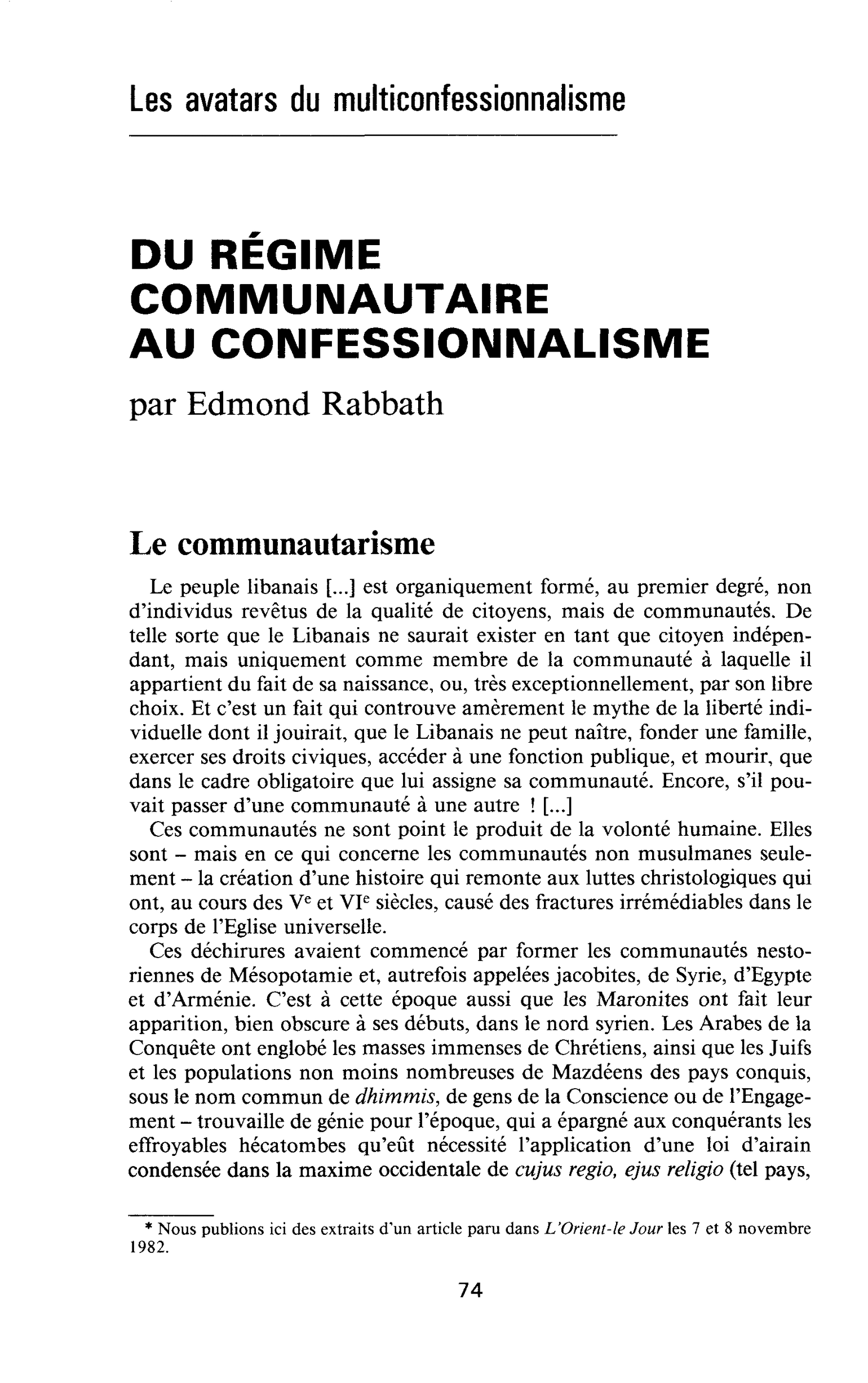 DU REGIME COMMUNAUTAIRE AU CONFESSIONNALISME