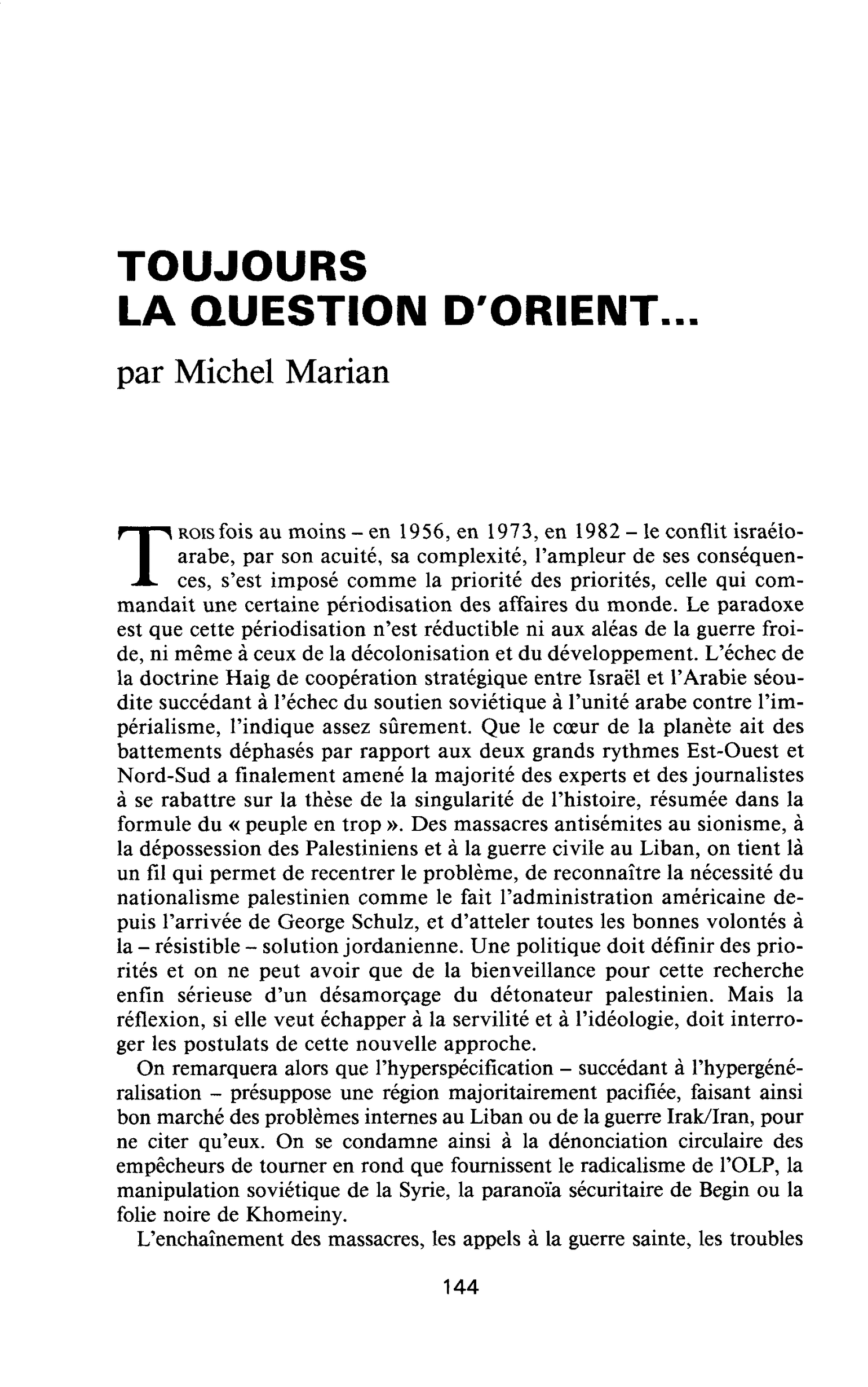 TOUJOURS LA QUESTION D’ORIENT…