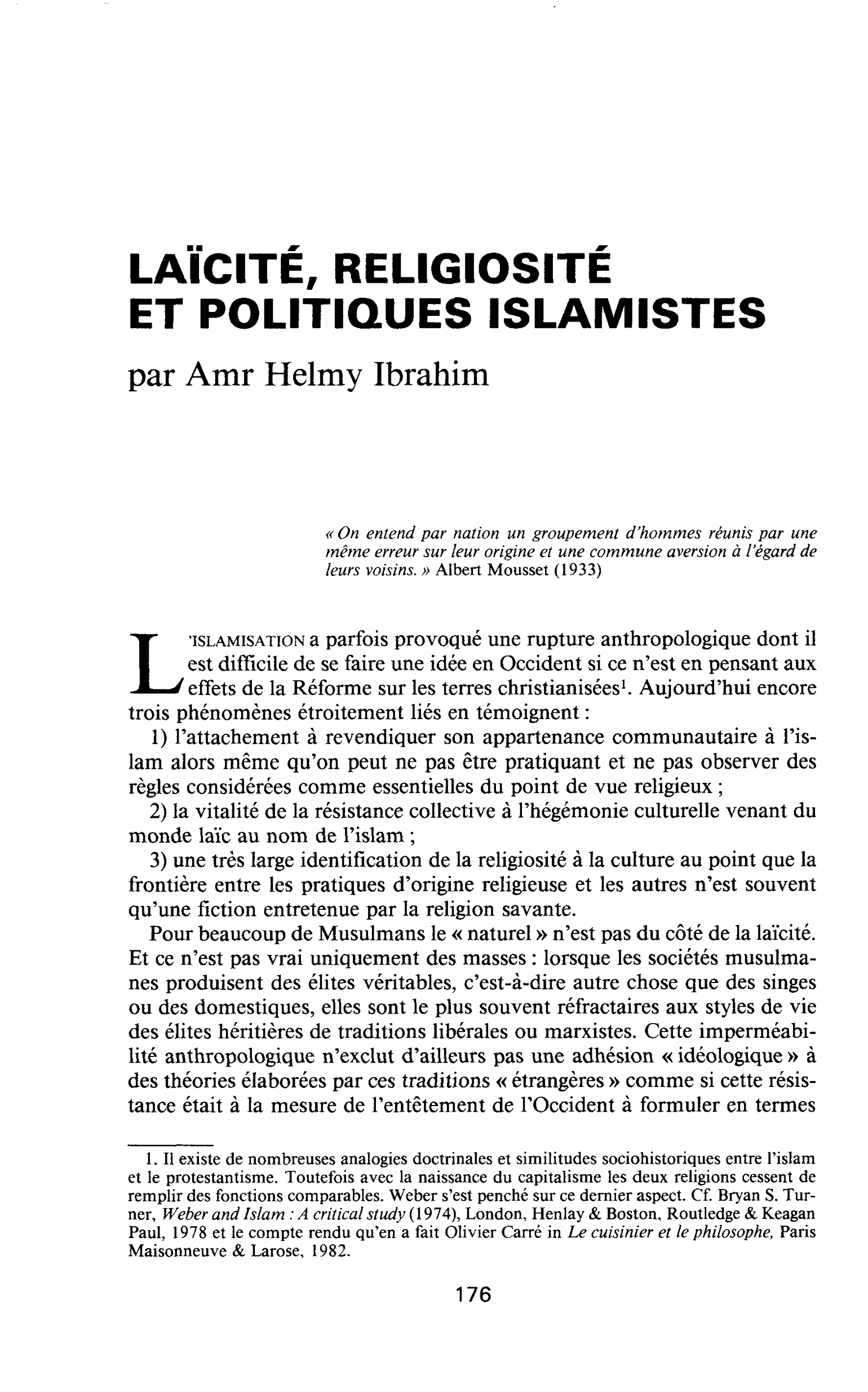 LAÏCITE, RELIGIOSITÉ ET POLITIQUES ISLAMISTES