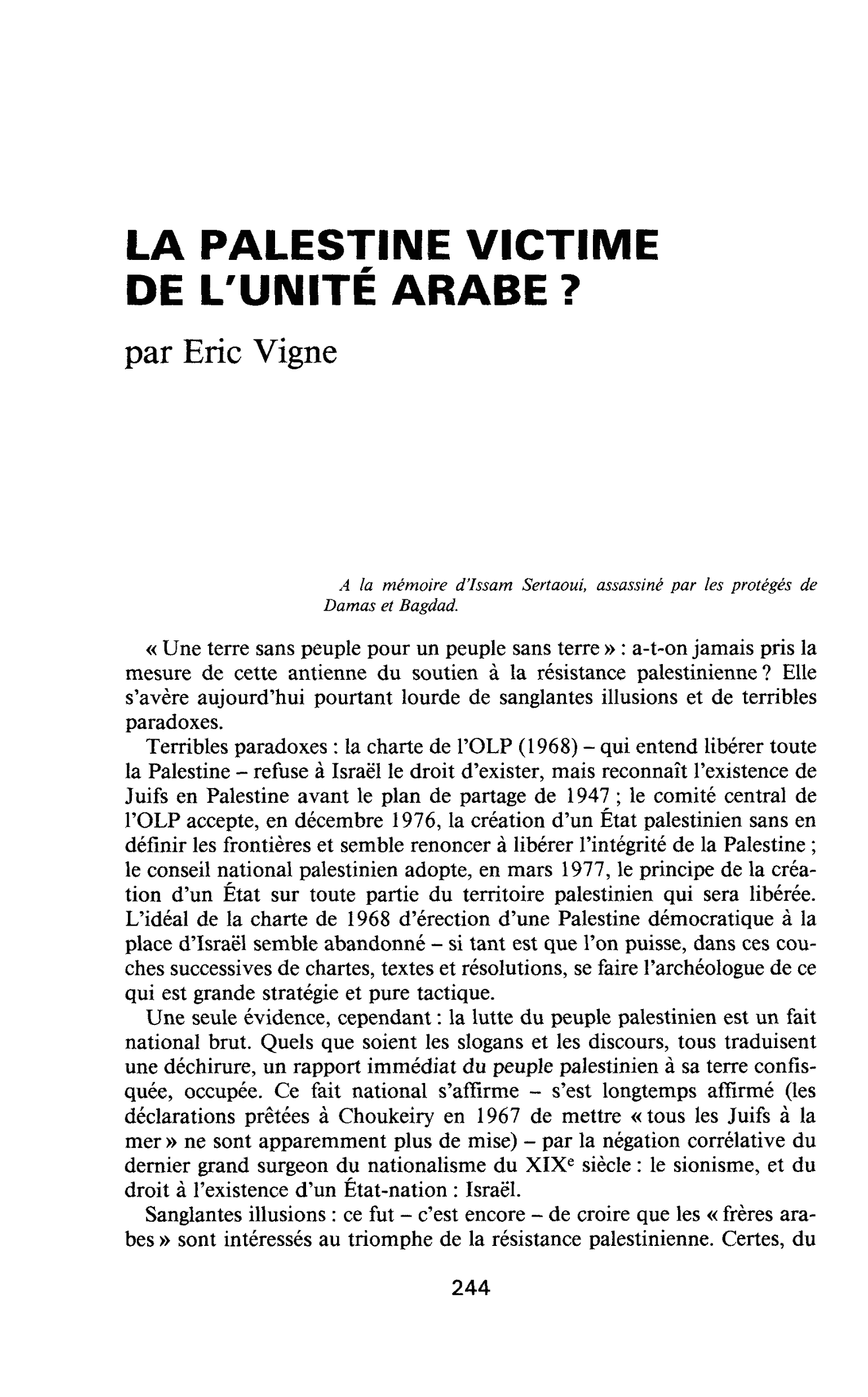 LA PALESTINE VICTIME DE L’UNITÉ ARABE ?
