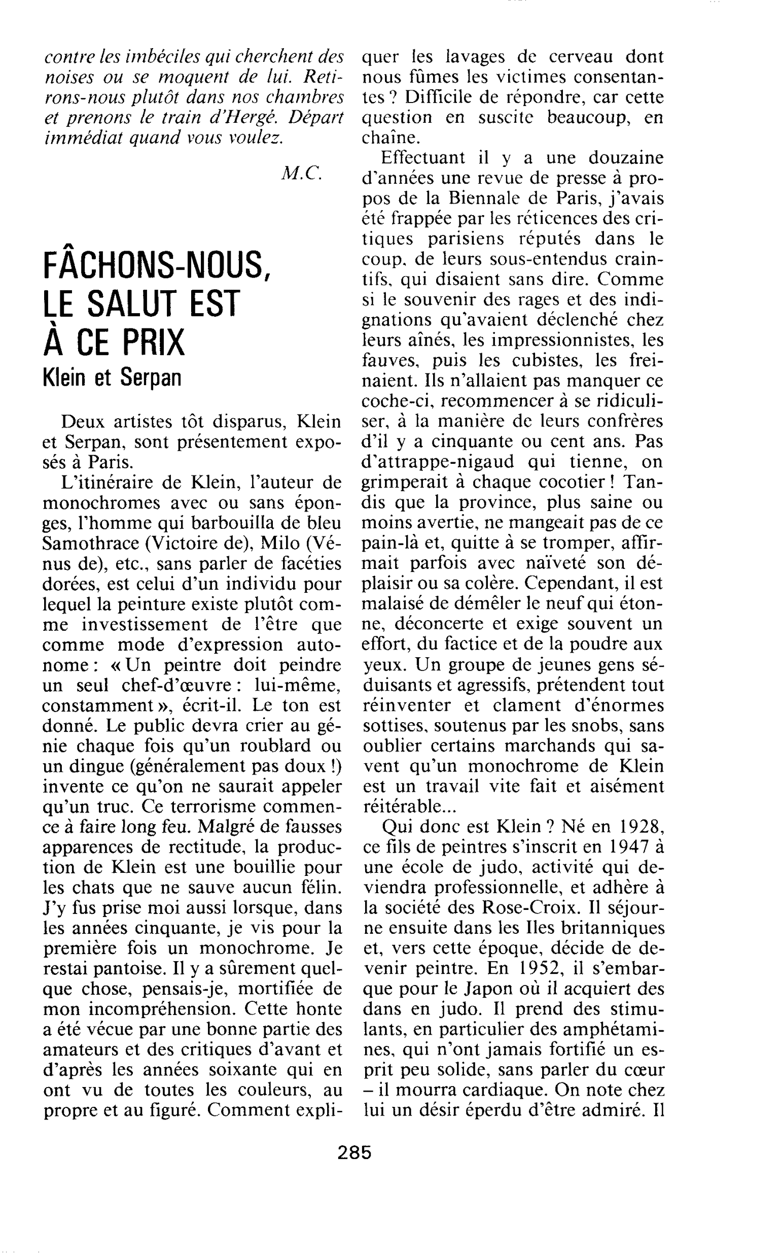 FÂCHONS-NOUS, LE SALUT EST À CE PRIX. Klein et Serpan