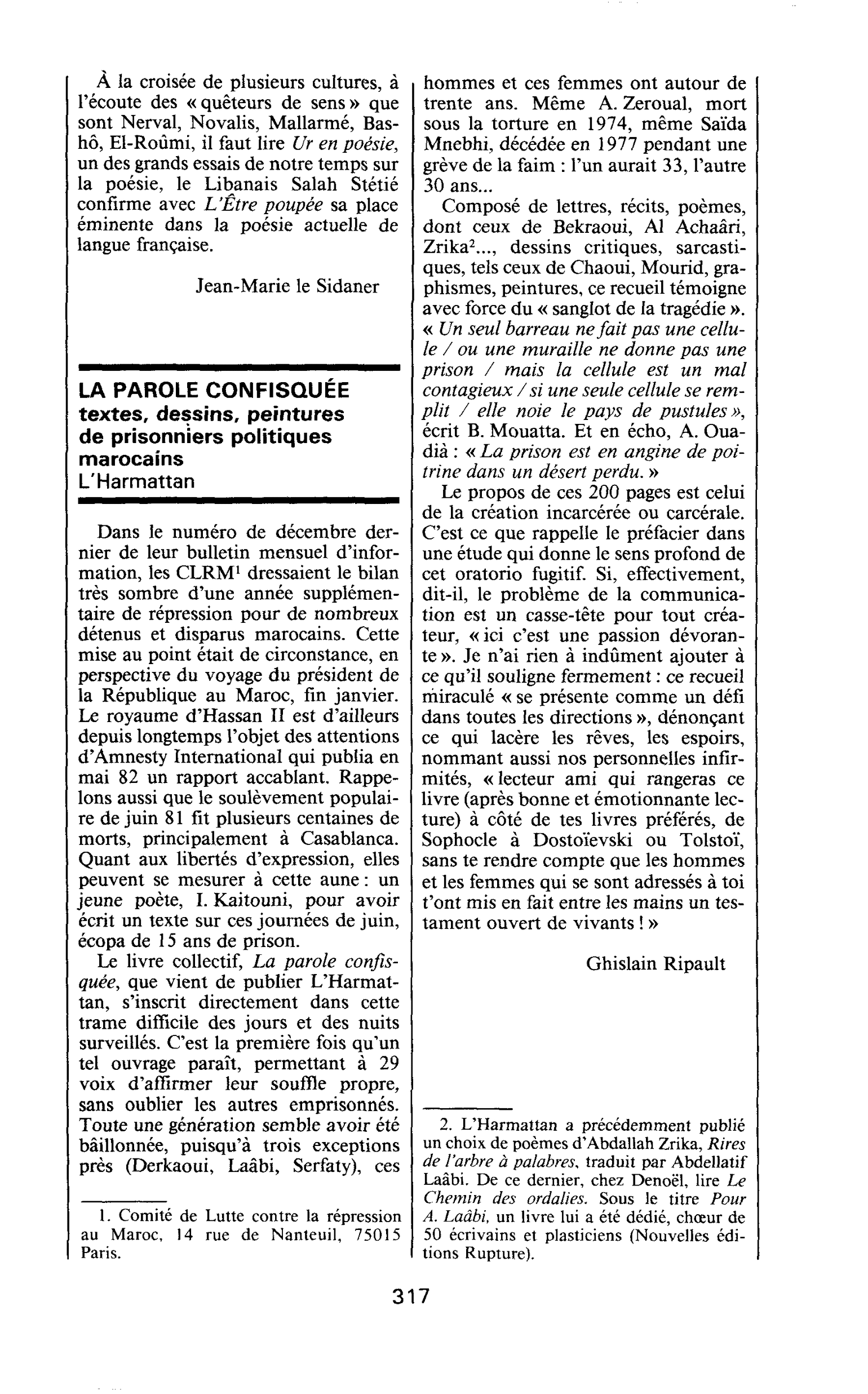 LA PAROLE CONFISQUEE : textes, dessins, peintures de prisonniers politiques marocains