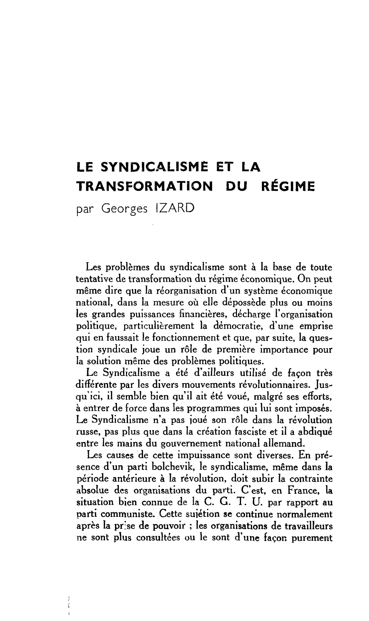 LE SYNDICALISME ET LA TRANSFORMATION DU RÉGIME