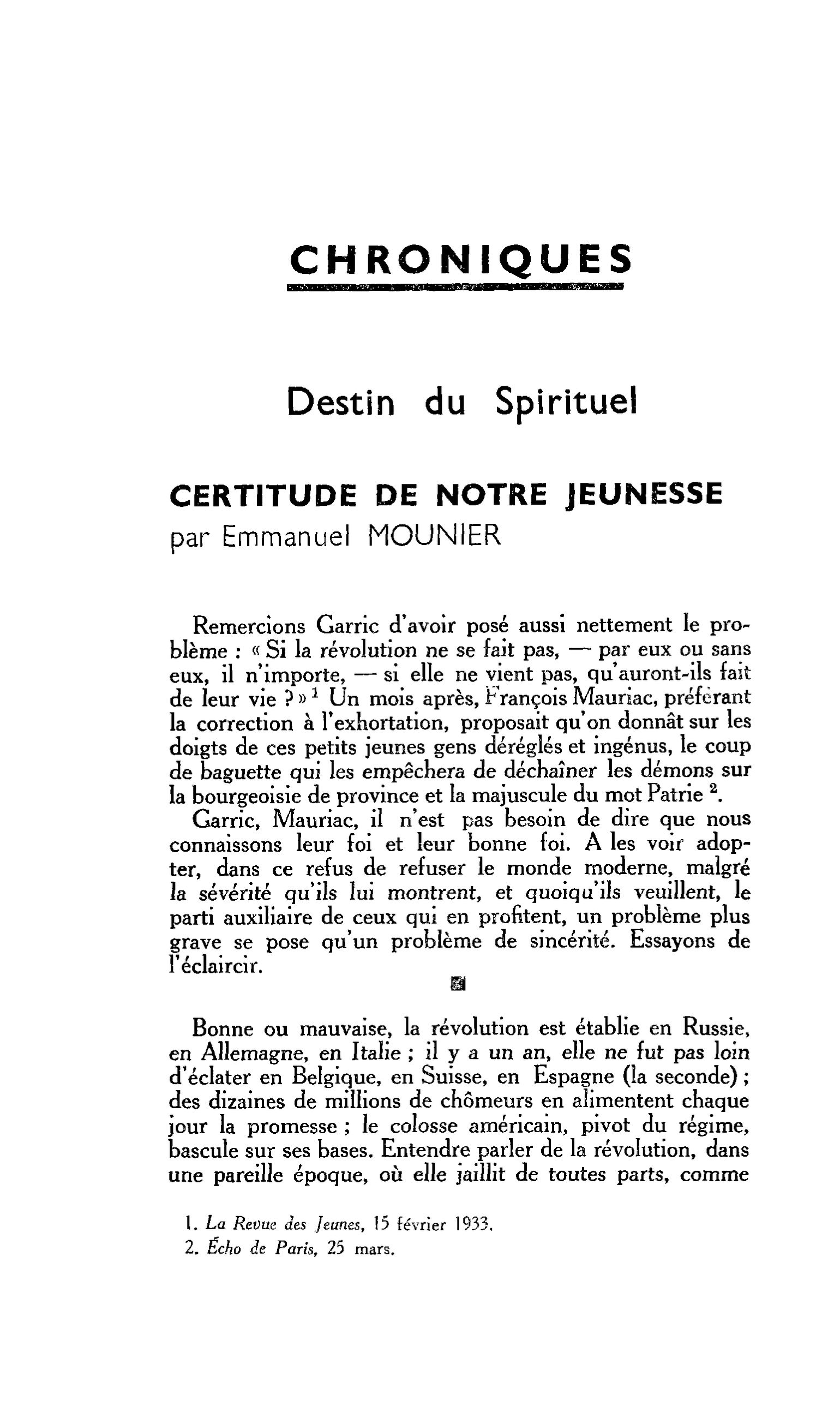 Destin du Spirituel. CERTITUDE DE NOTRE JEUNESSE