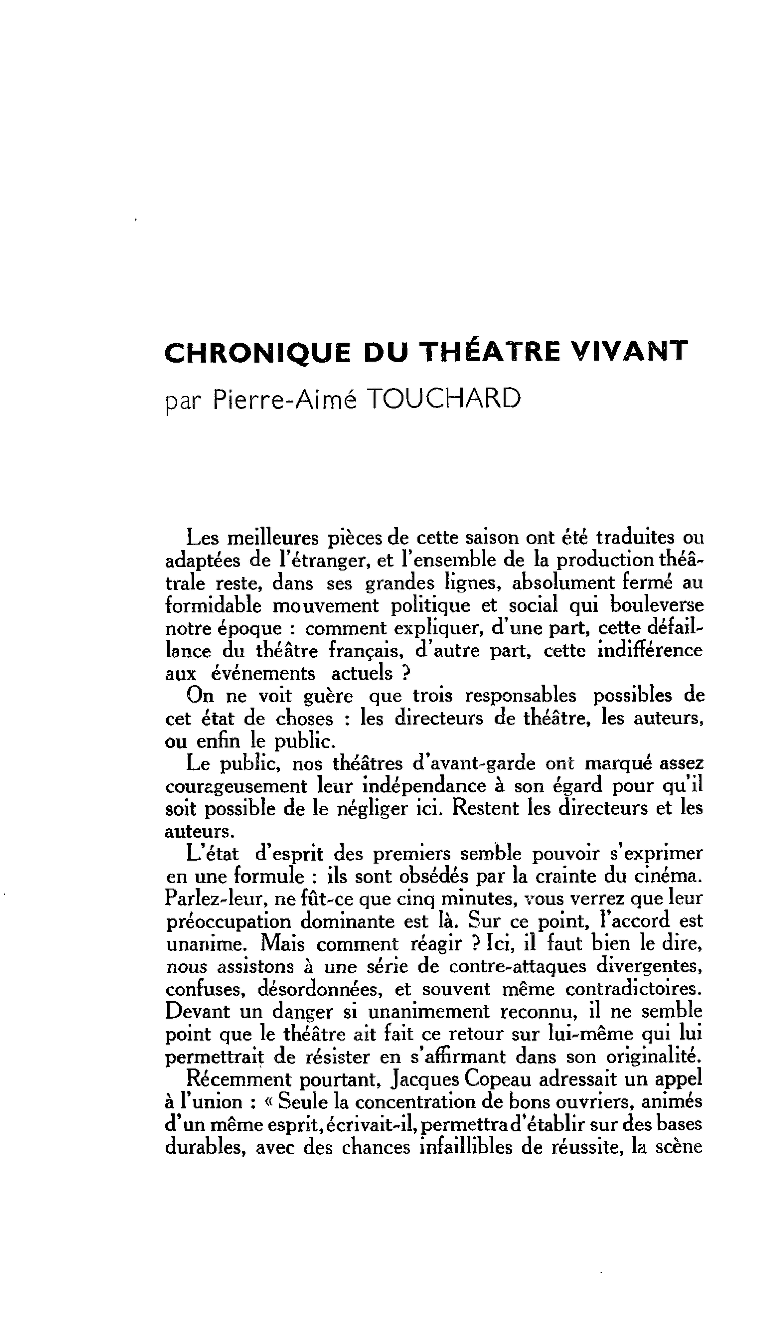 CHRONIQUE DU THÉÂTRE VIVANT