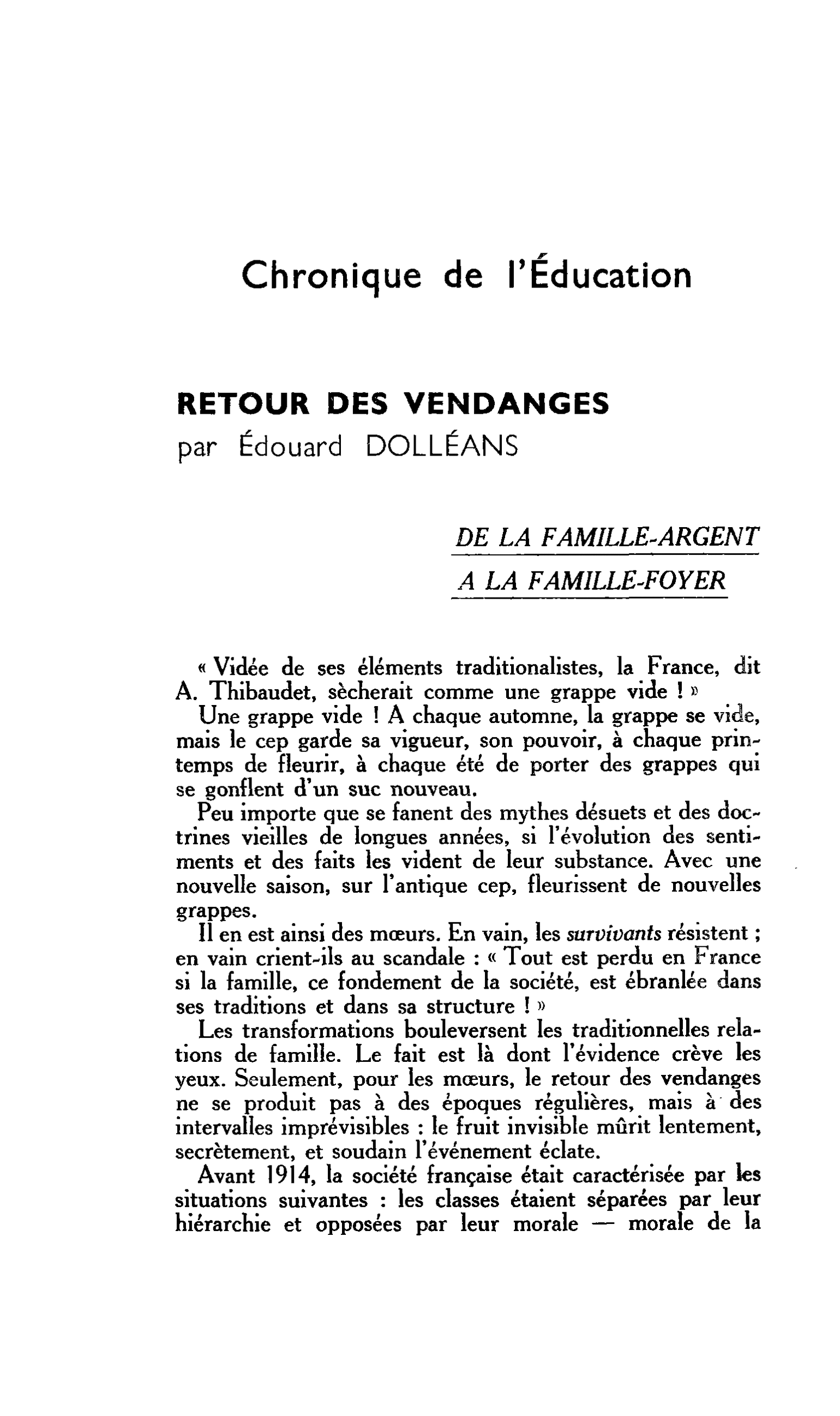 Chronique de l’Éducation. RETOUR DES VENDANGES