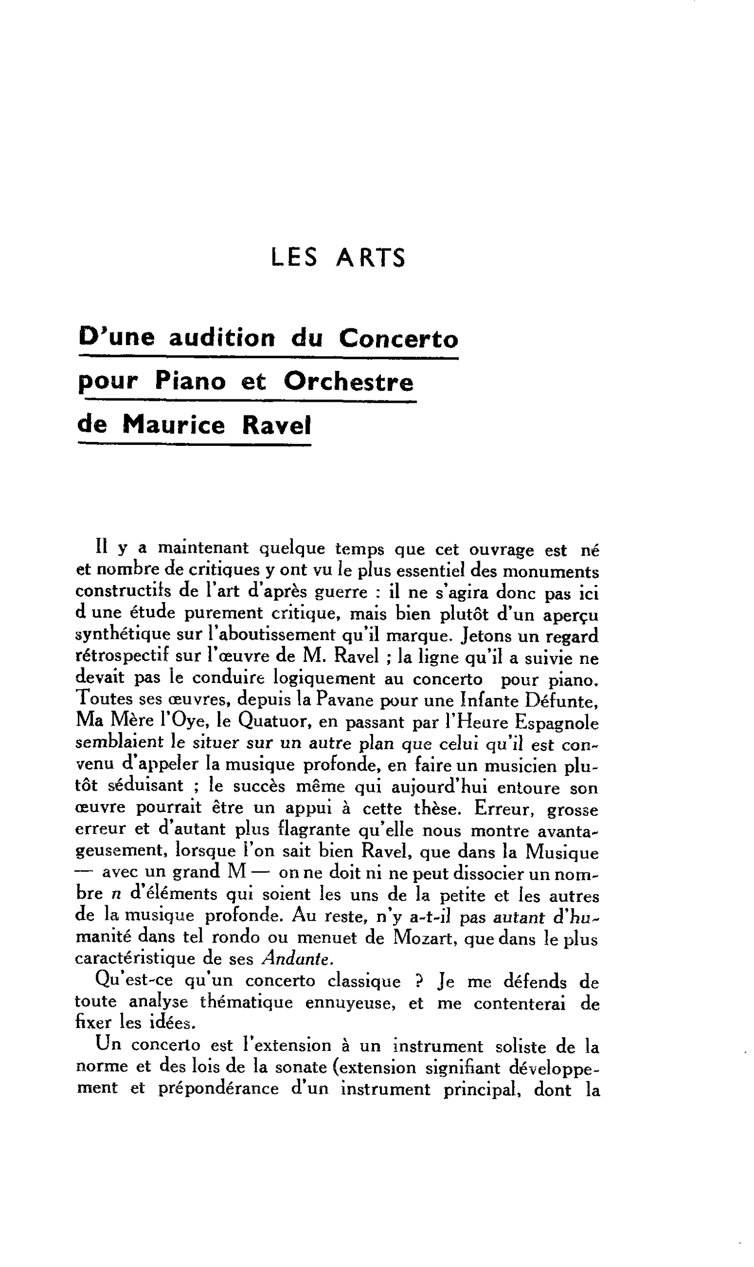 LES ARTS. D’une audition du Concerto pour Piano et Orchestre de Maurice Ravel