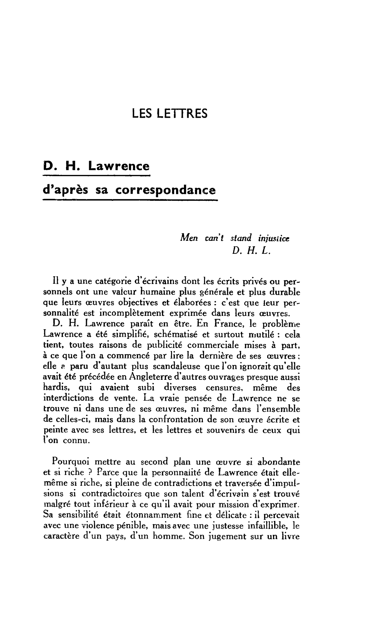 LES LETTRES D. H. Lawrence d’après sa correspondance