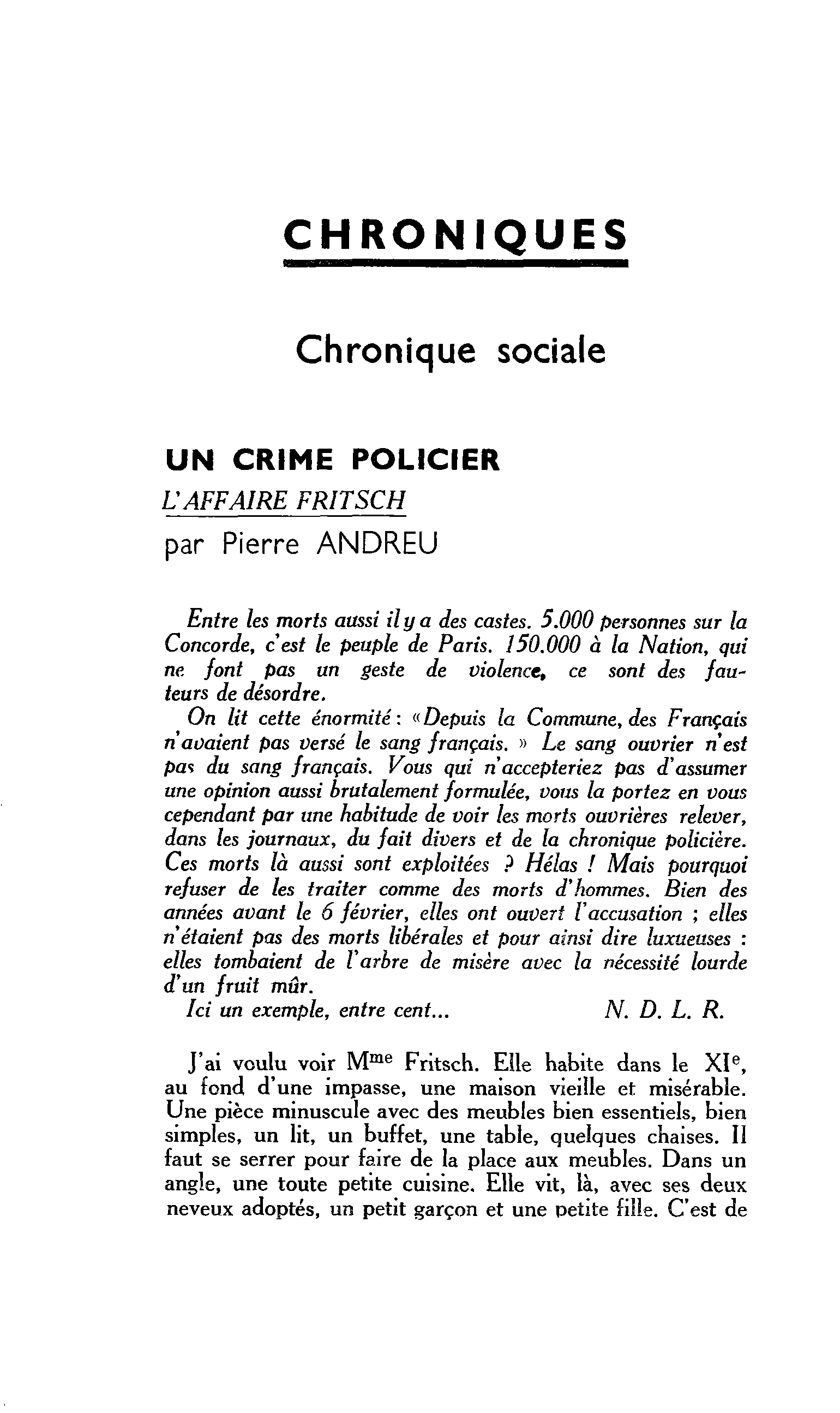 Chronique sociale. UN CRIME POLICIER L’AFFAIRE FRITSCH