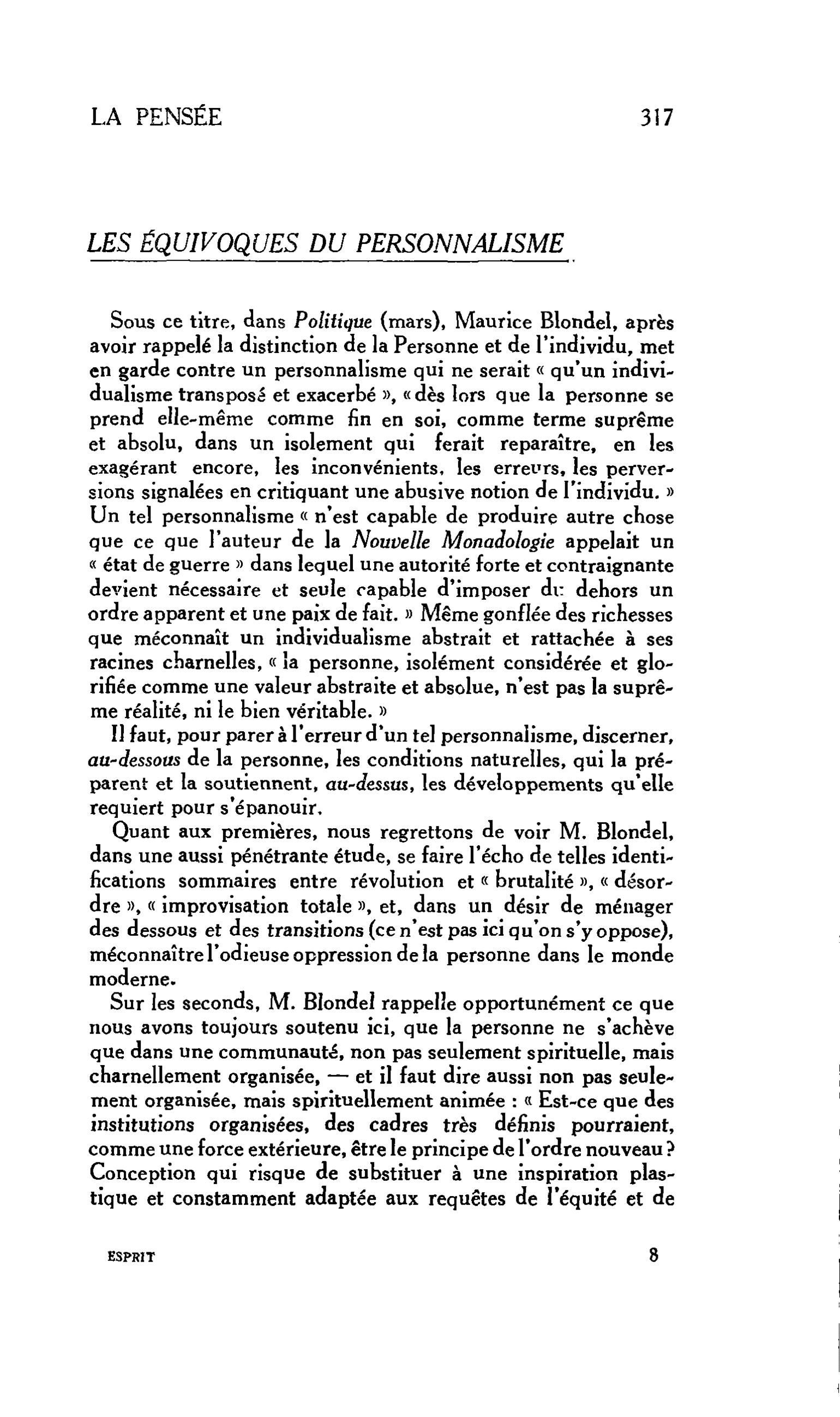 LA PENSEE : LES ÉQUIVOQUES DU PERSONNALISME