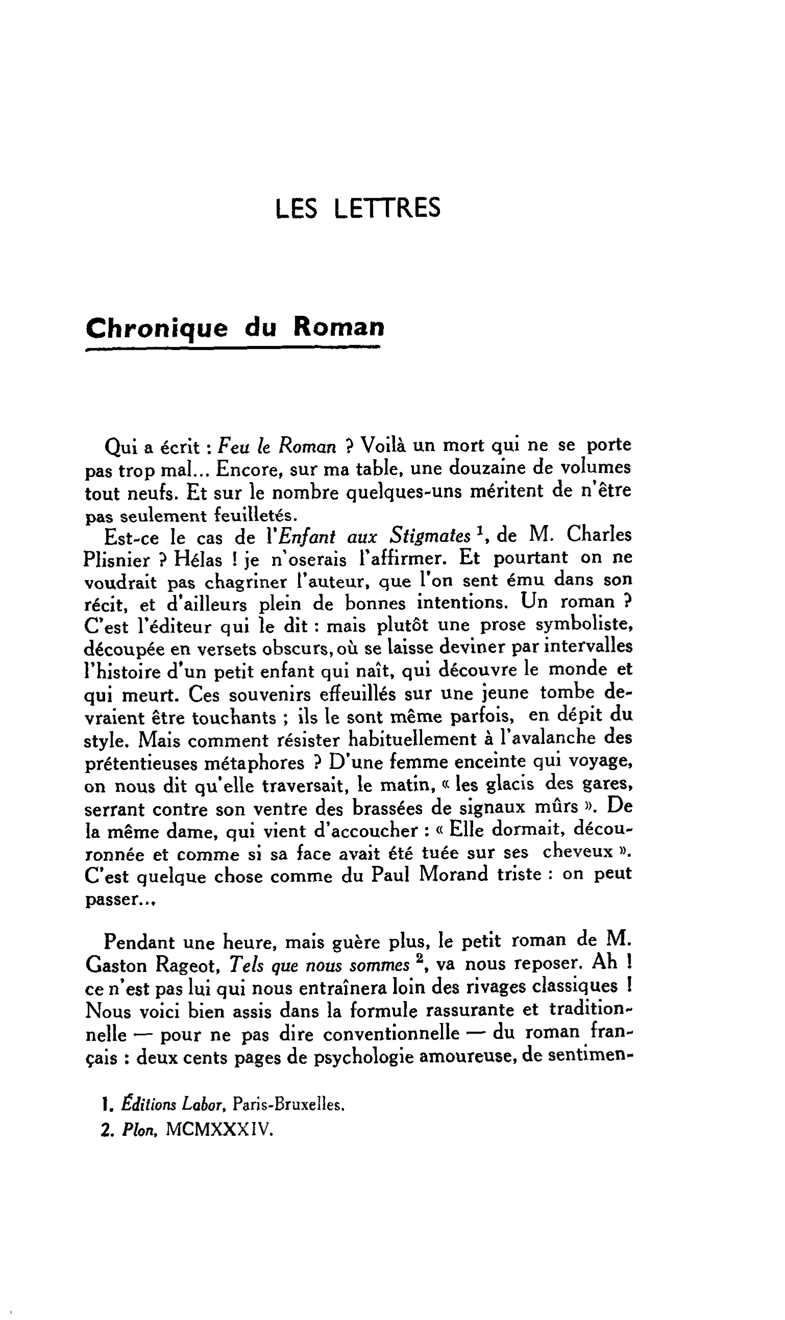 LES LETTRES Chronique du Roman