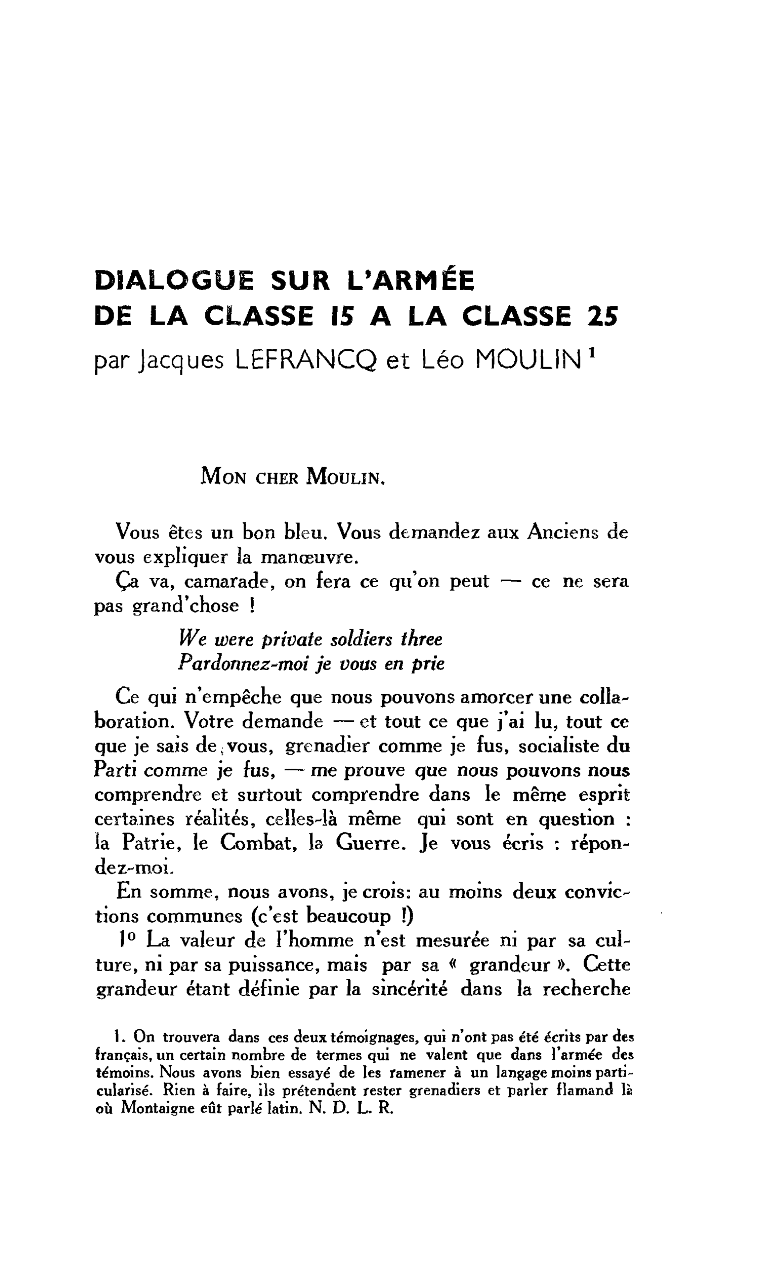 DIALOGUE SUR L’ARMÉE DE LA CLASSE 15 A LA CLASSE 25