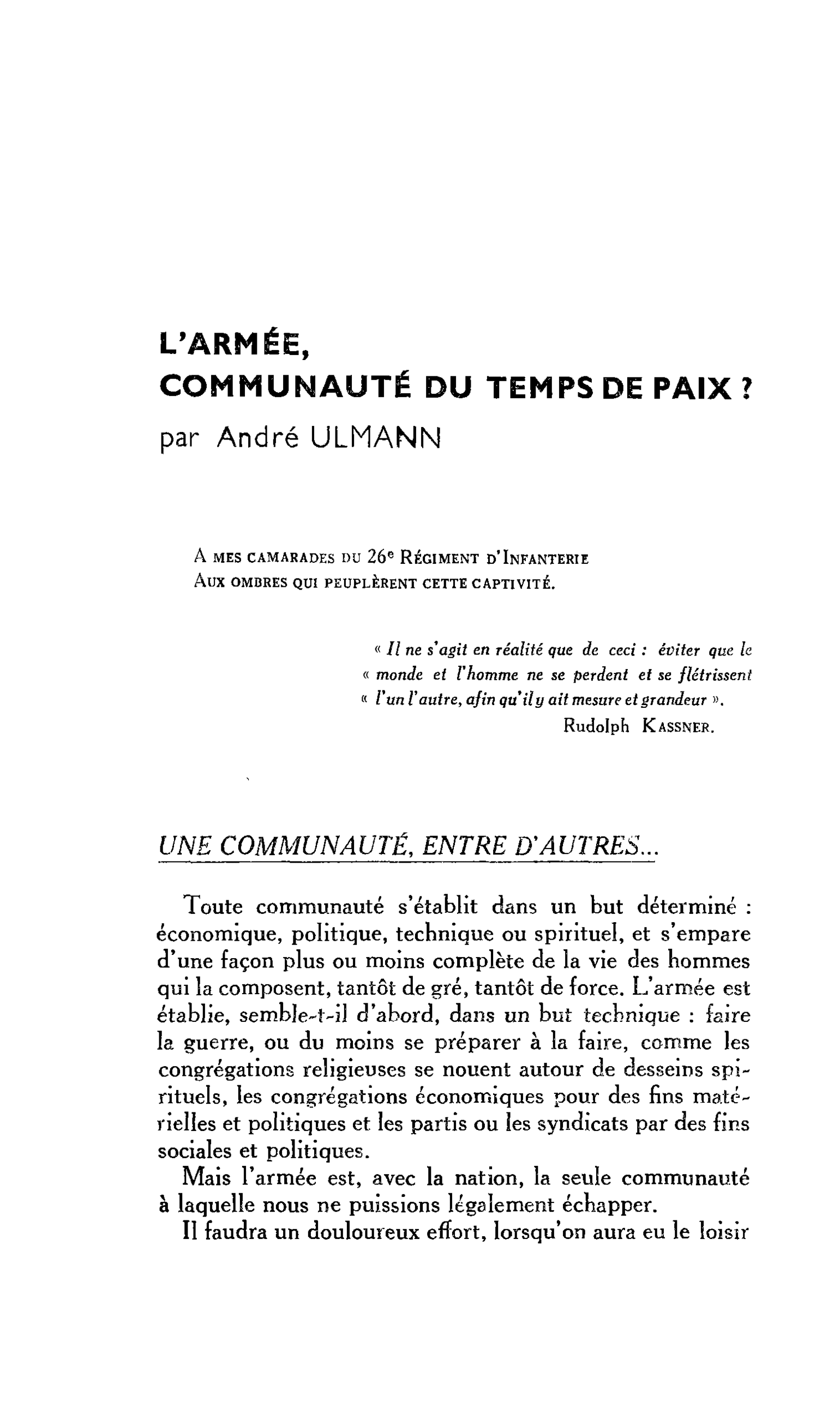 L’ARMÉE, COMMUNAUTÉ DU TEMPS DE PAIX ?