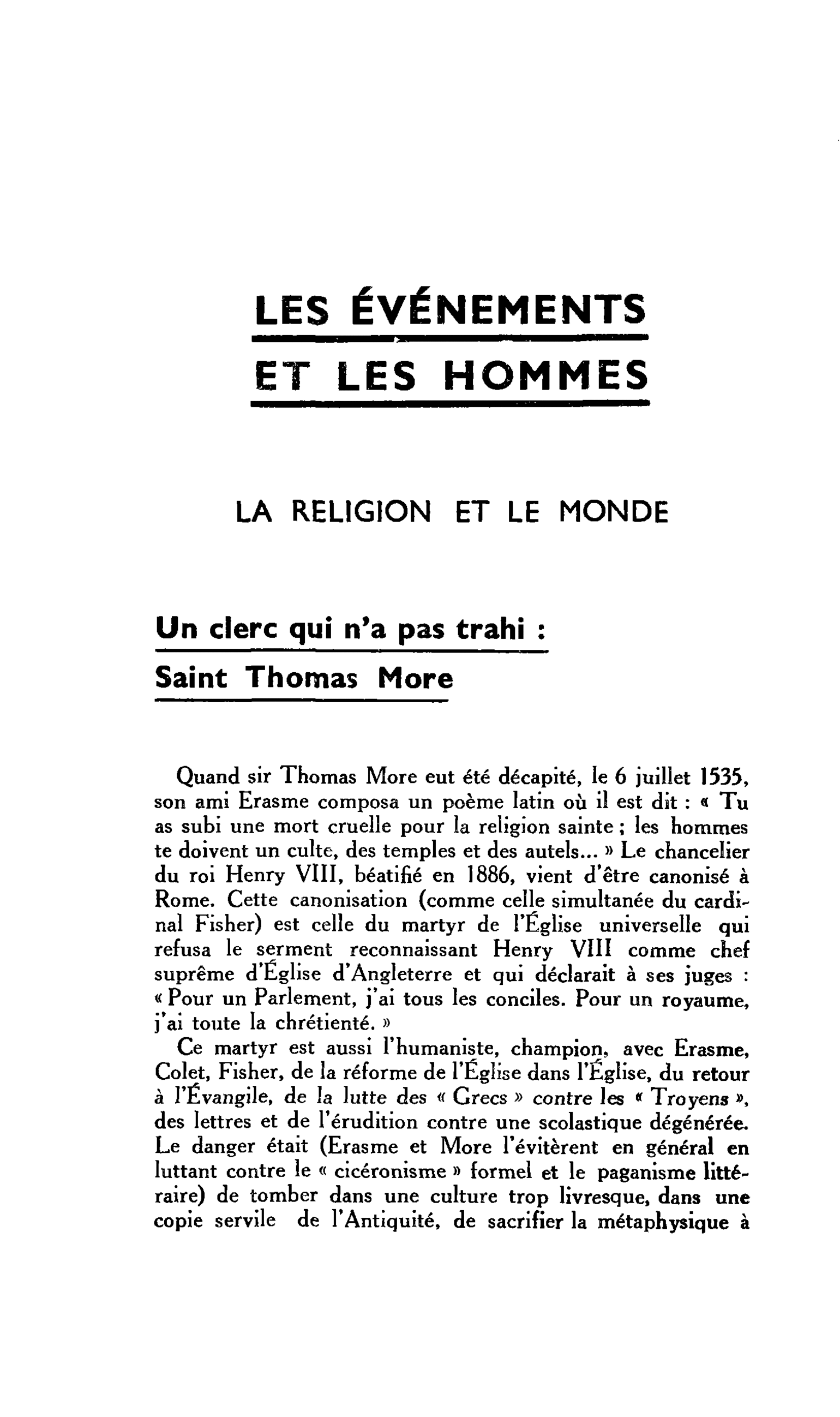 LA RELIGION ET LE MONDE. Un clerc qui n’a pas trahi : Saint Thomas More