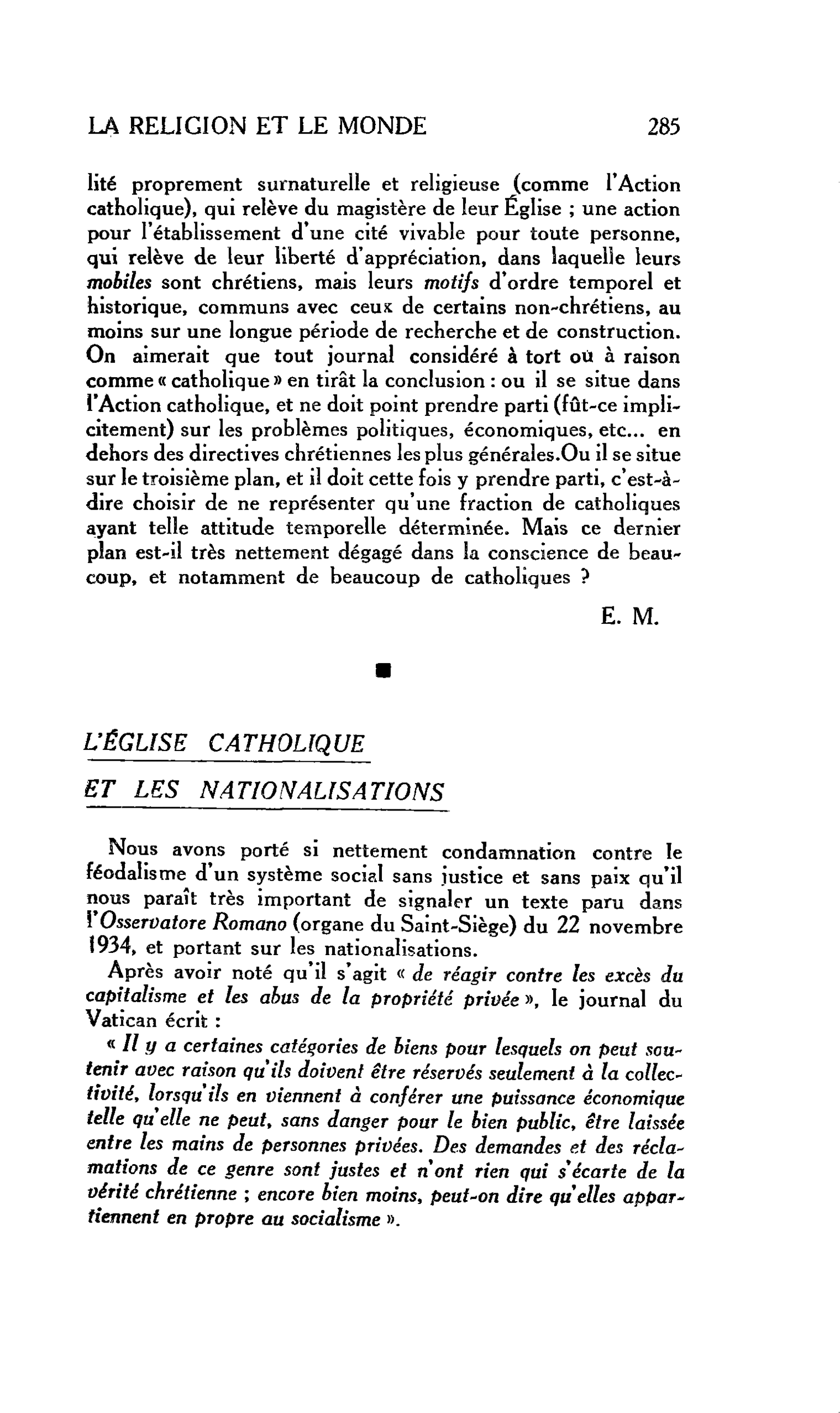 LA RELIGION ET LE MONDE : L’ÉGLISE CATHOLIQUE ET LES NATIONALISATIONS