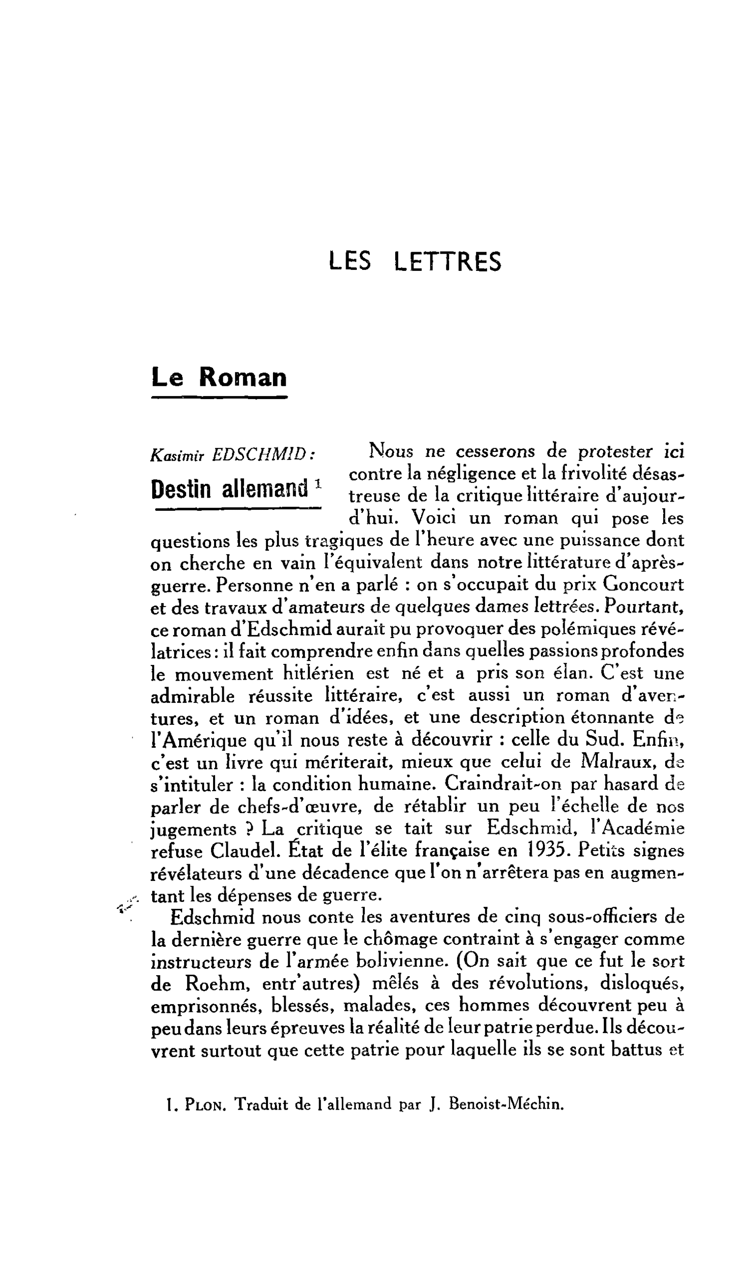 LES LETTRES : Le Roman. Kasimir EDSCHMID : Destin allemand
