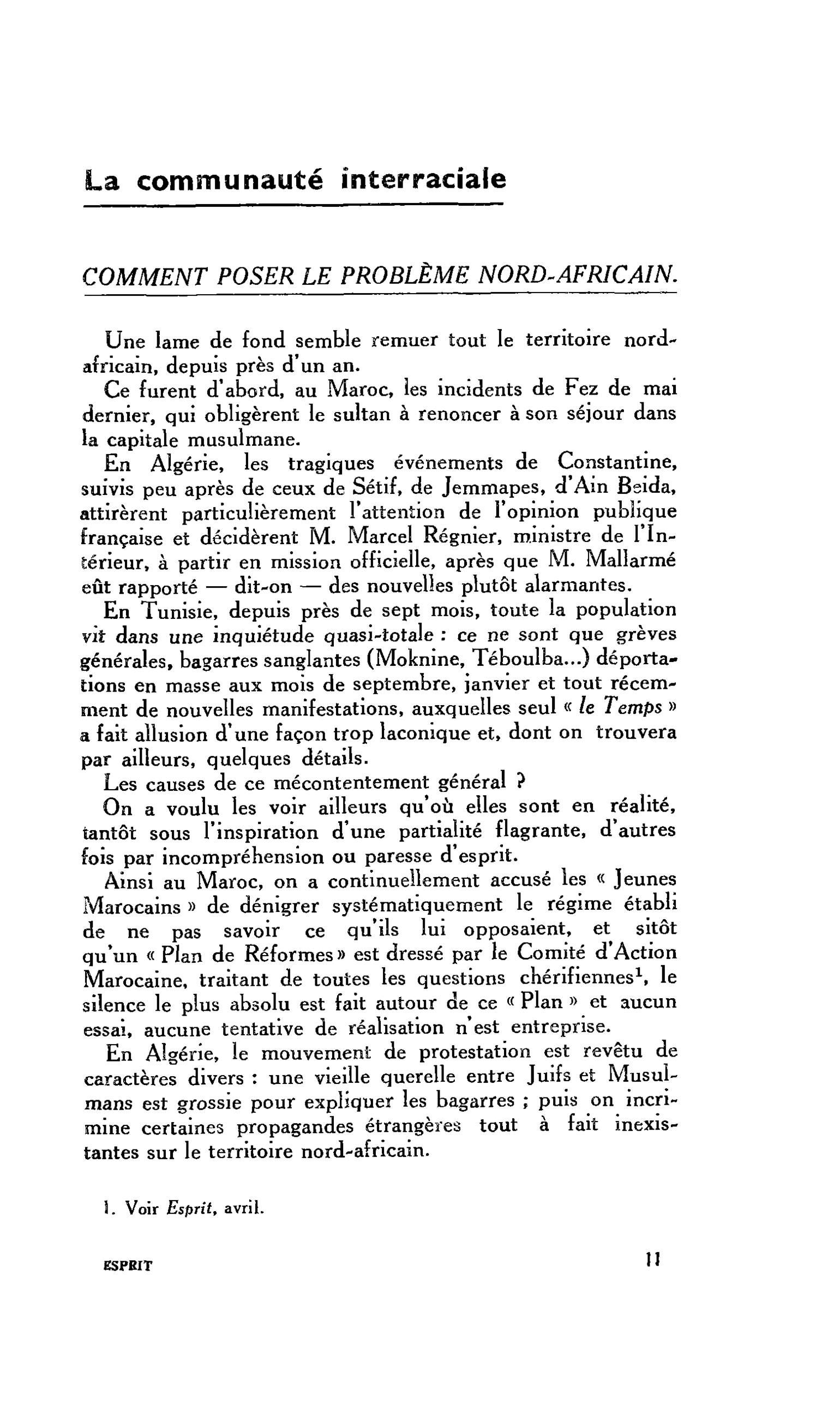 La communauté interraciale. COMMENT POSER LE PROBLÈME NORD-AFRICAIN