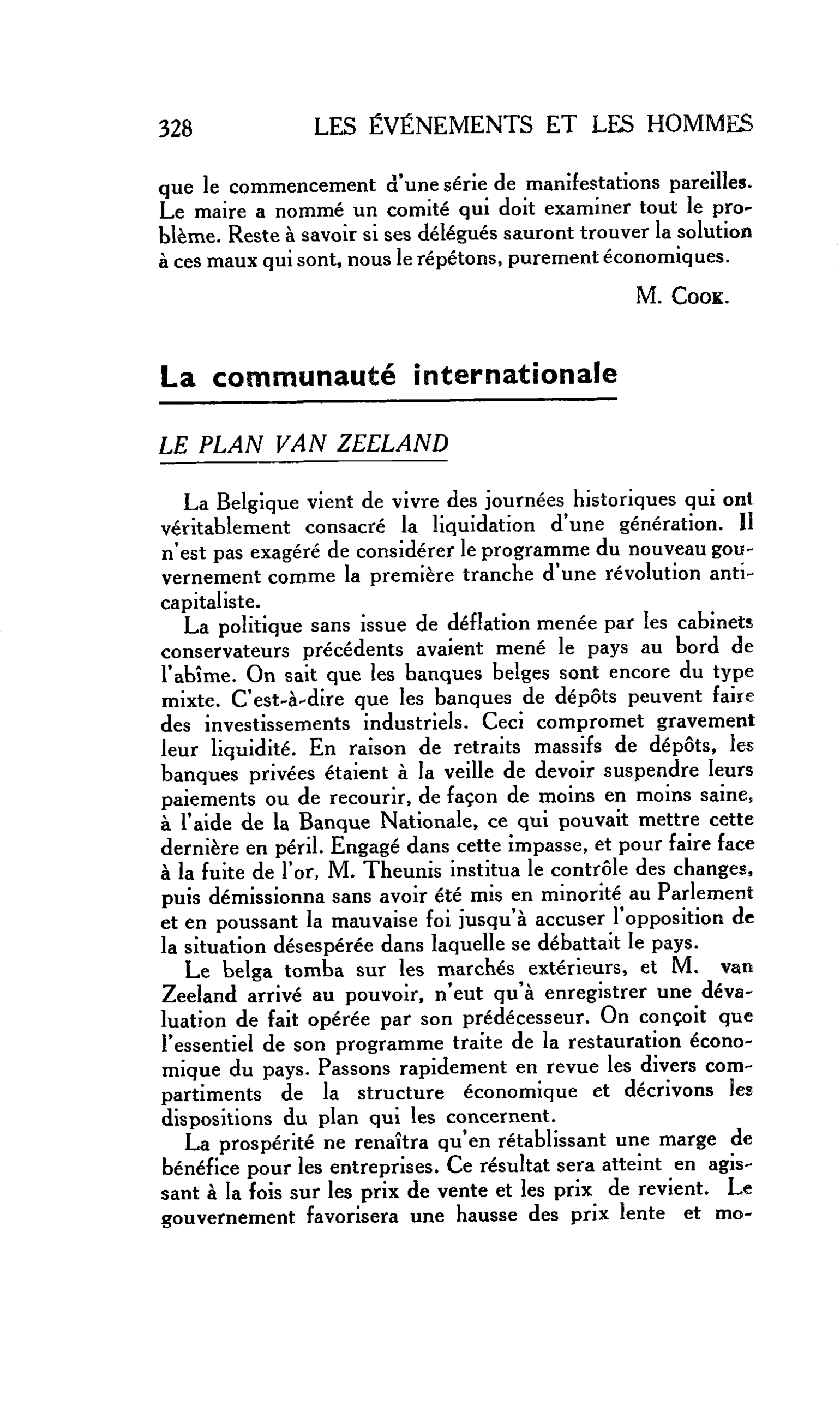 La communauté internationale. LE PLAN VAN ZEELAND
