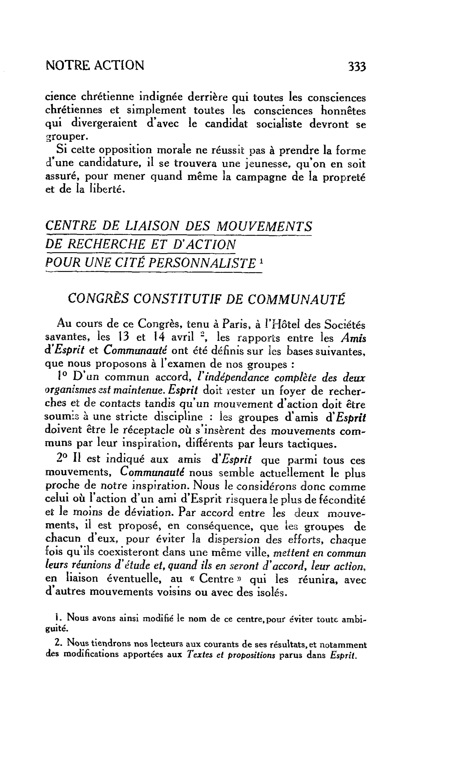 CENTRE DE LIAISON DES MOUVEMENTS DE RECHERCHE ET D’ACTION POUR UNE CITÉ PERSONNALISTE