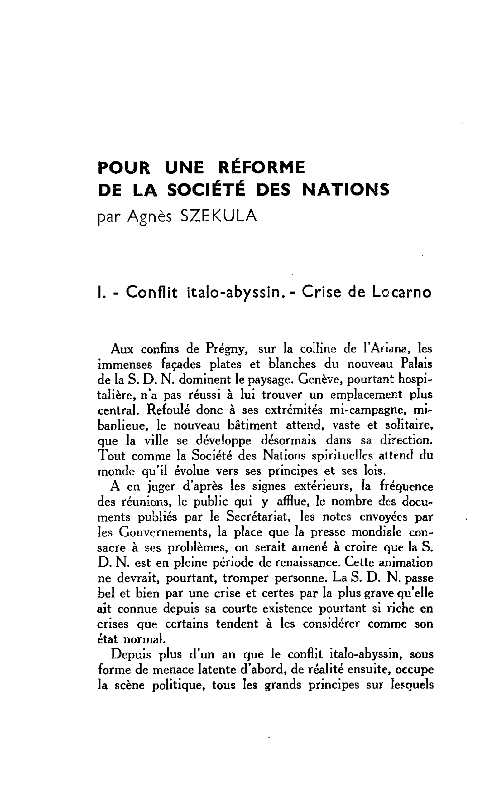POUR UNE RÉFORME DE LA SOCIÉTÉ DES NATIONS