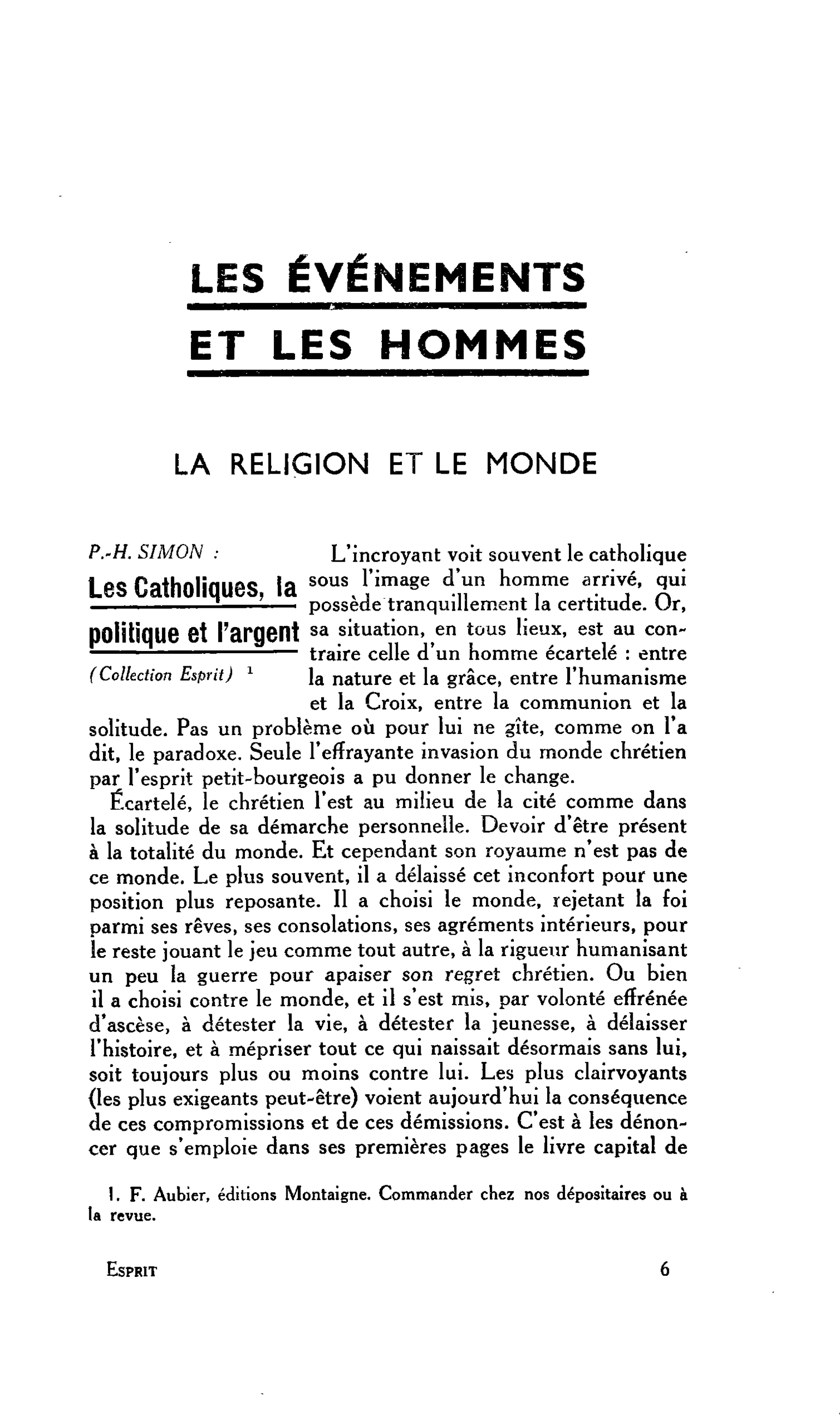 LA RELIGION ET LE MONDE P.-H. SIMON : Les Catholiques, la politique et l’argent