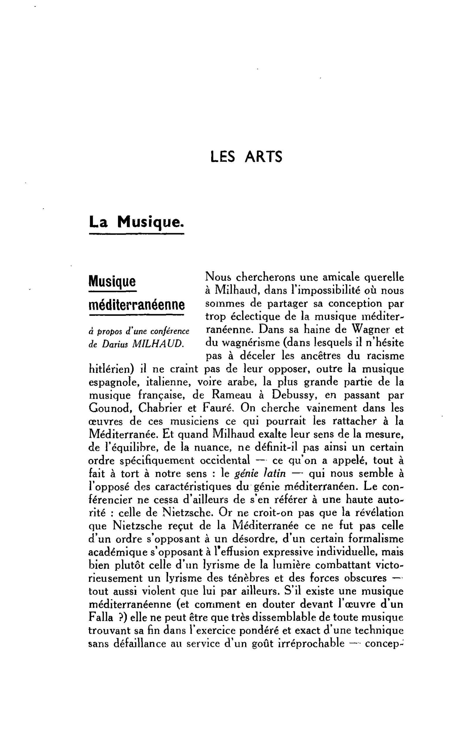 LES ARTS. Musique méditerranéenne à propos d’une conférence de Darius MILHAUD