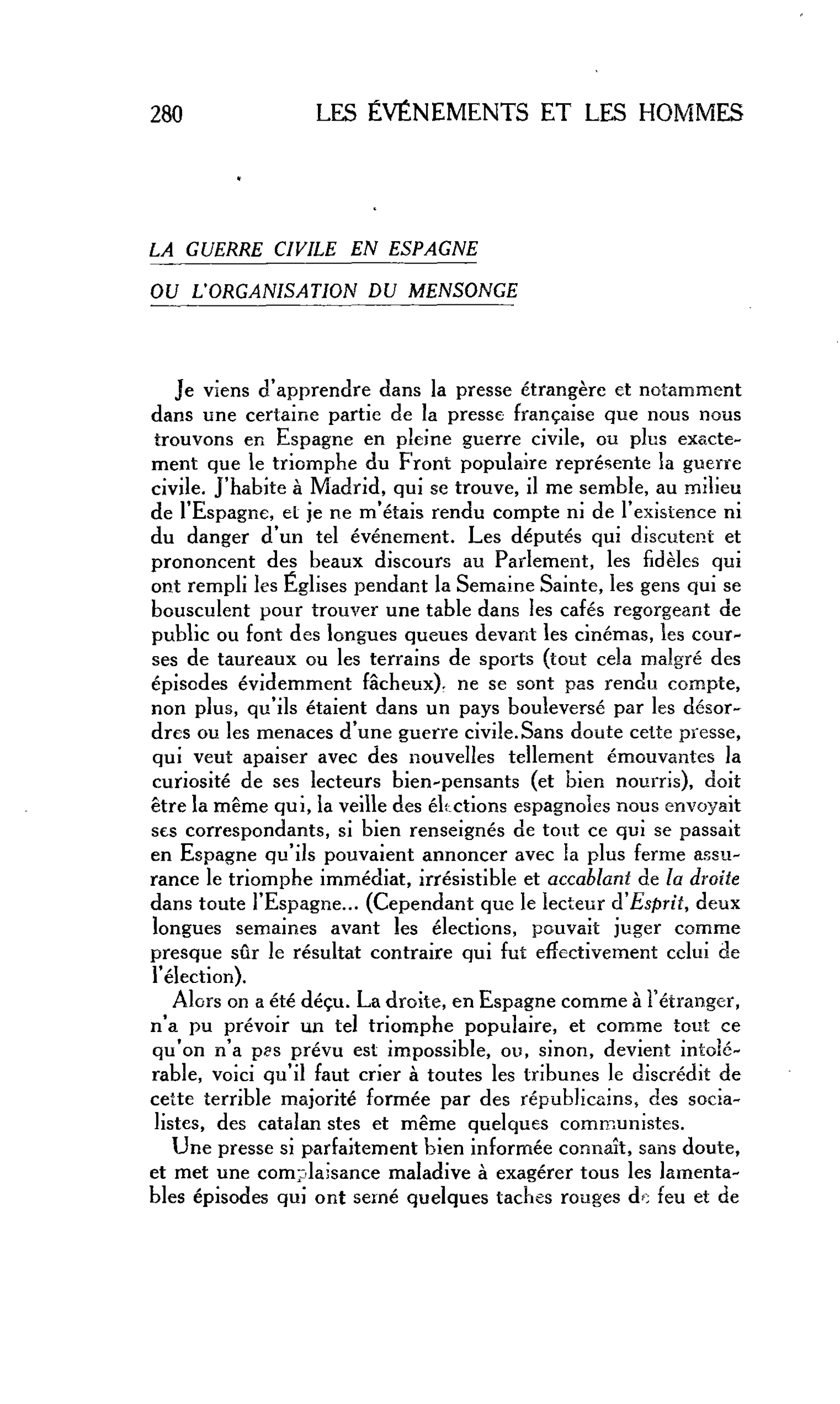 Chronique internationale : LA GUERRE CIVILE EN ESPAGNE OU L’ORGANISATION DU MENSONGE