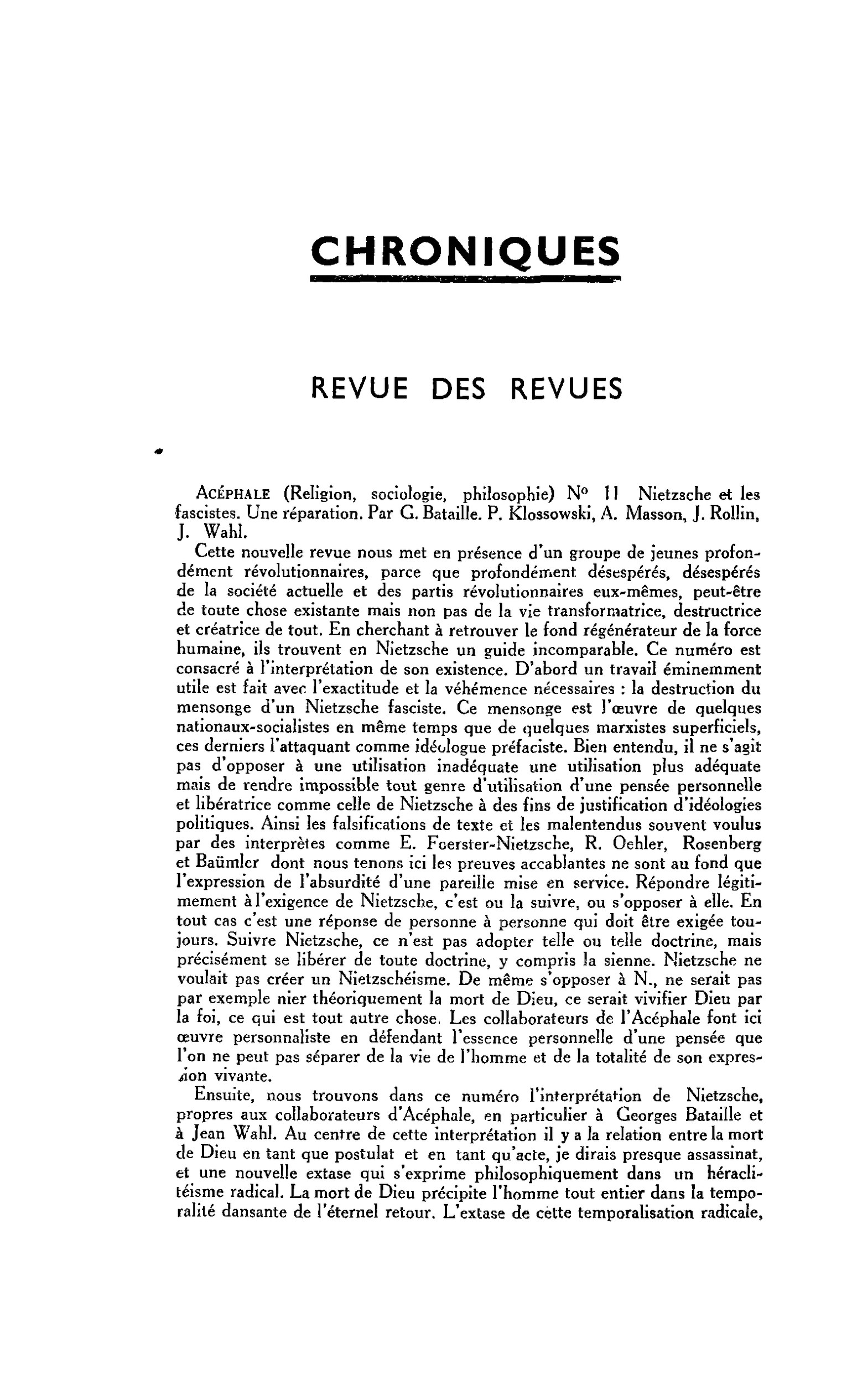 Acéphale (Religion, sociologie, philosophie) N° 11 Nietzsche et les fascistes. Une réparation. Par G. Bataille. P. Klossowski, A. Masson, J. Rollin, J. Wahl