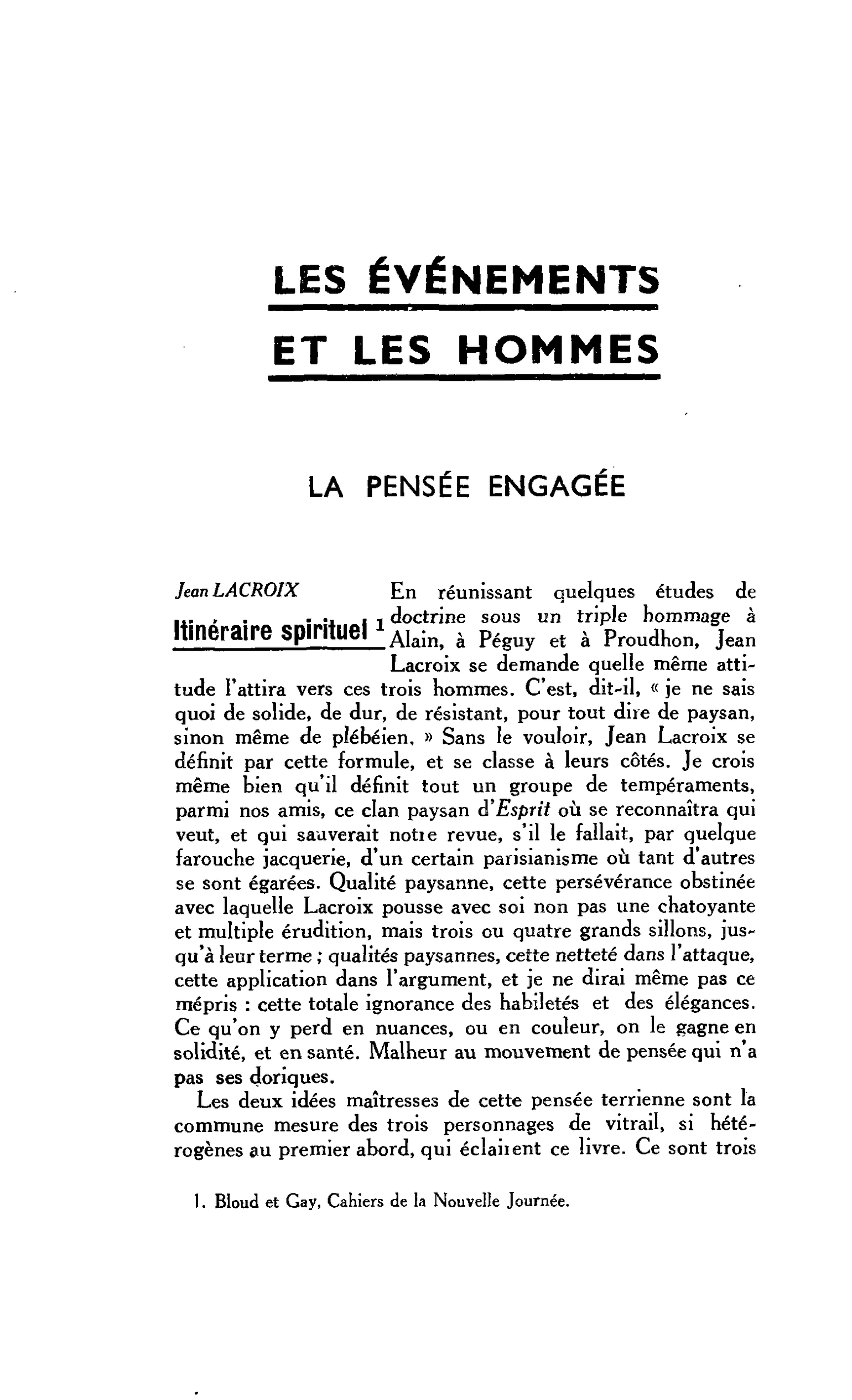 LA PENSÉE ENGAGÉE. Jean LACROIX, Itinéraire spirituel