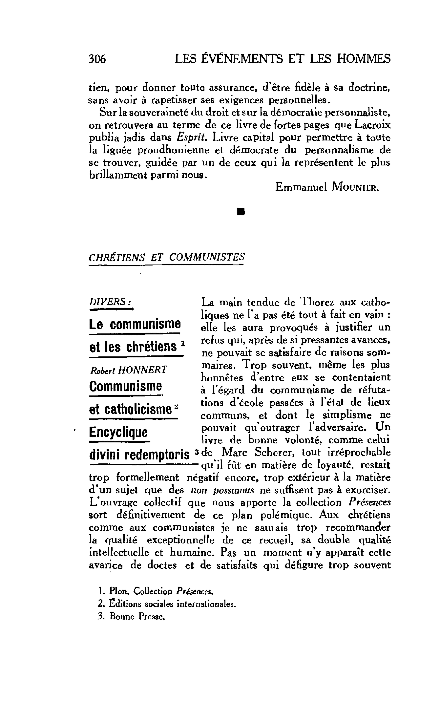 LA PENSÉE ENGAGÉE : CHRÉTIENS ET COMMUNISTES DIVERS : Le communisme et les chrétiens. Robert HONNERT, Communisme et catholicisme. Encyclique divini redemptoris