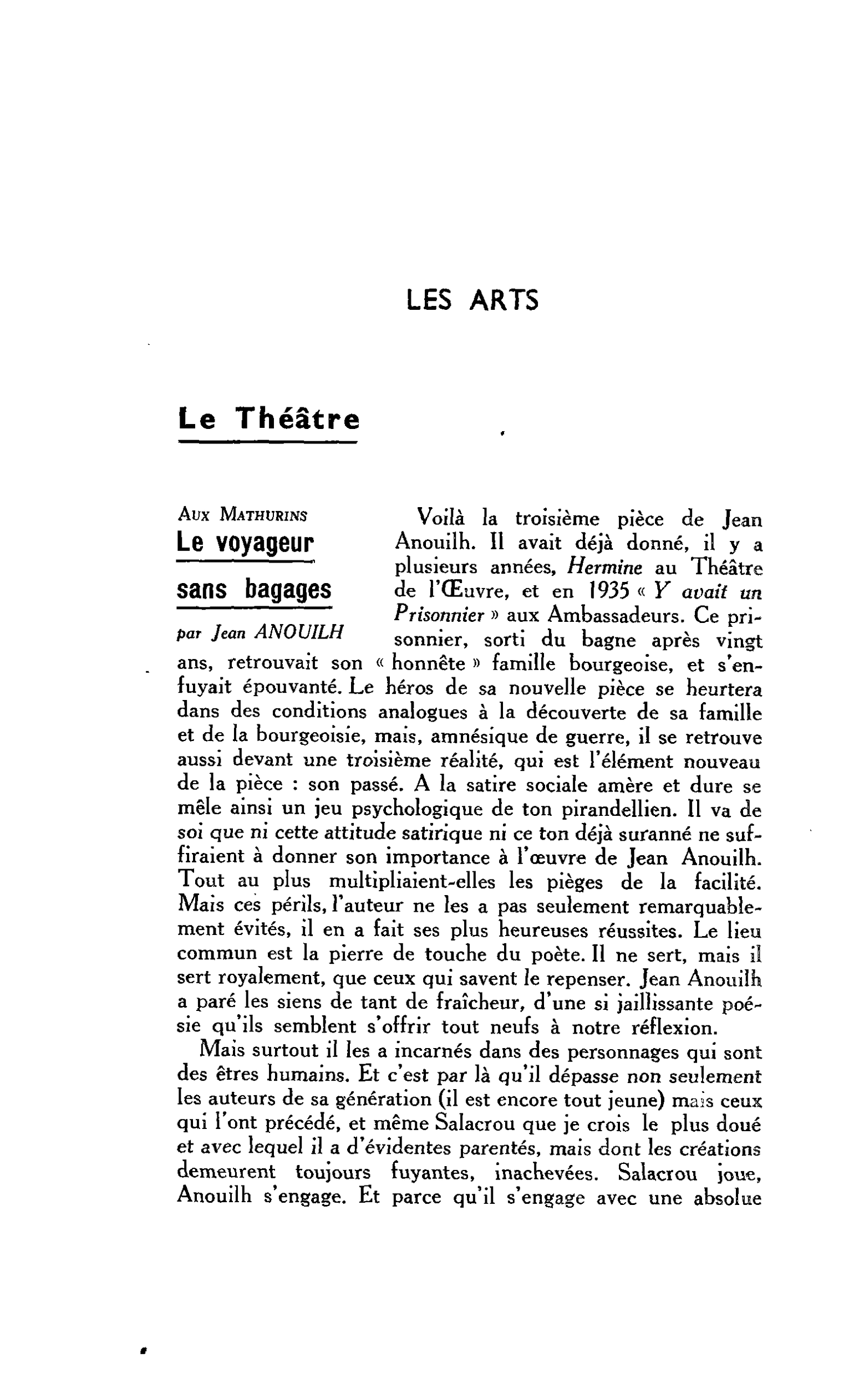 LES ARTS : Aux Mathurins Le voyageur sans bagages par Jean ANOUILH