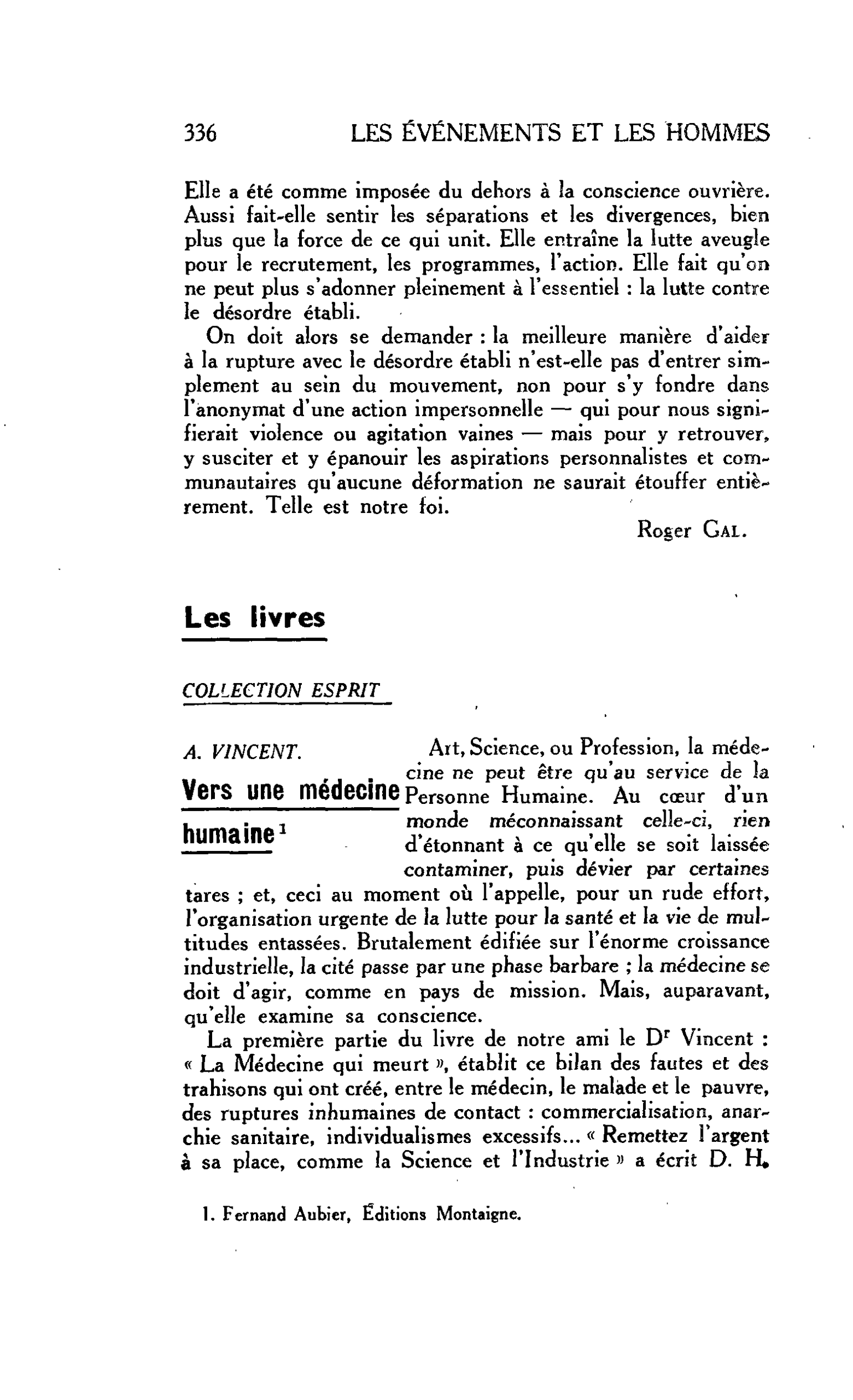 LA CITÉ : Les livres COLLECTION ESPRIT A. VINCENT. Vers une médecine humaine