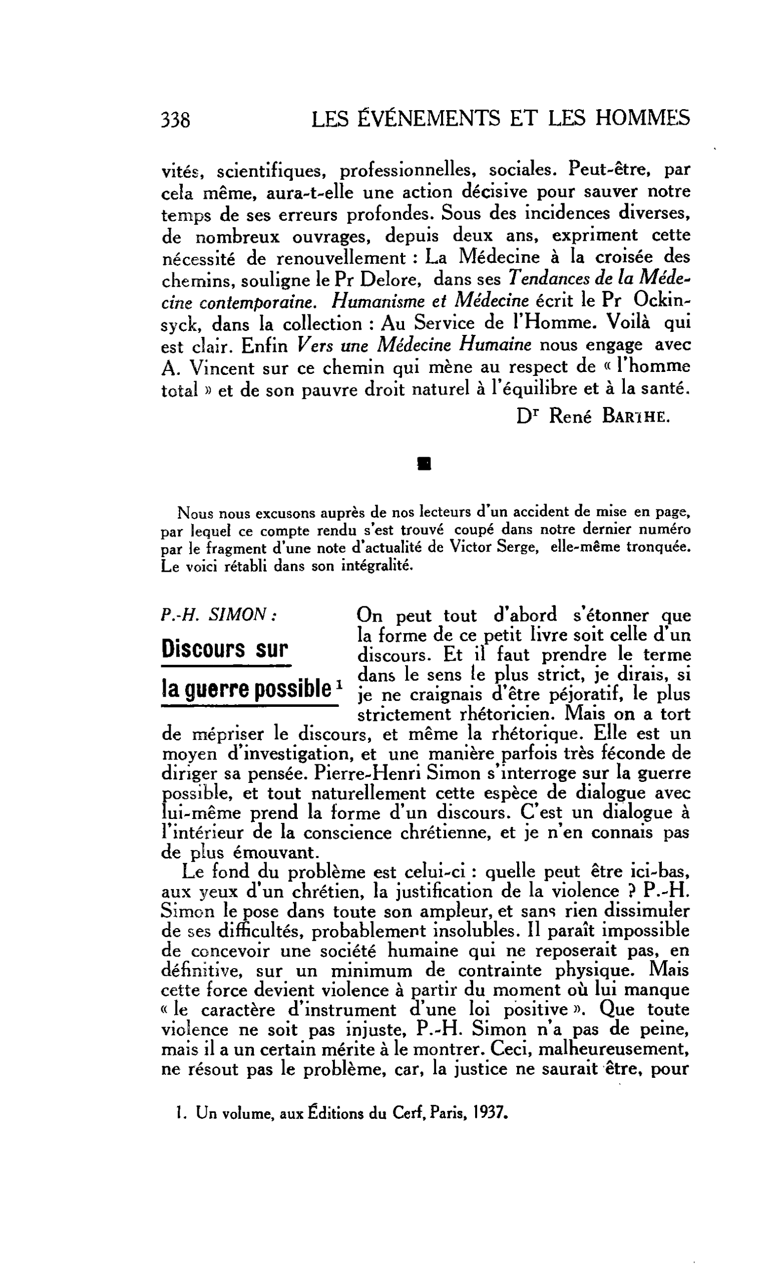 LA CITÉ : P.-H. SIMON: Discours sur la guerre possible
