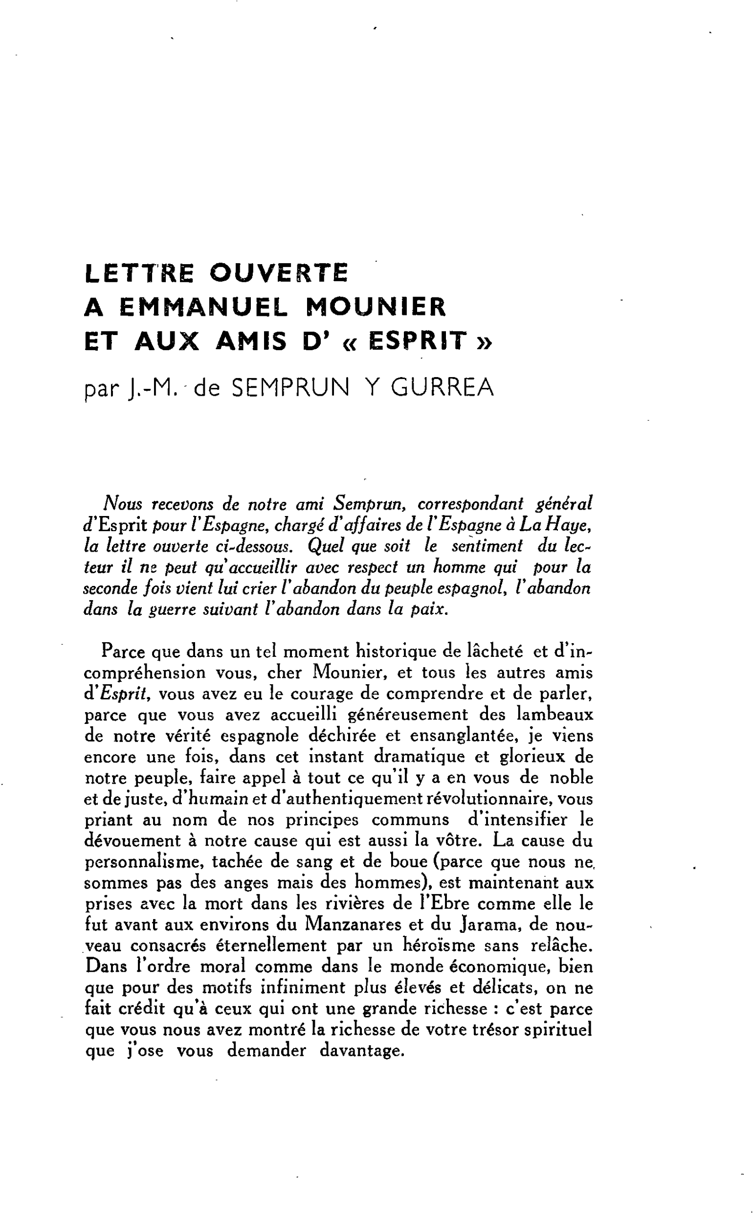 Lettre ouverte à Emmanuel Mounier et aux amis d’Esprit