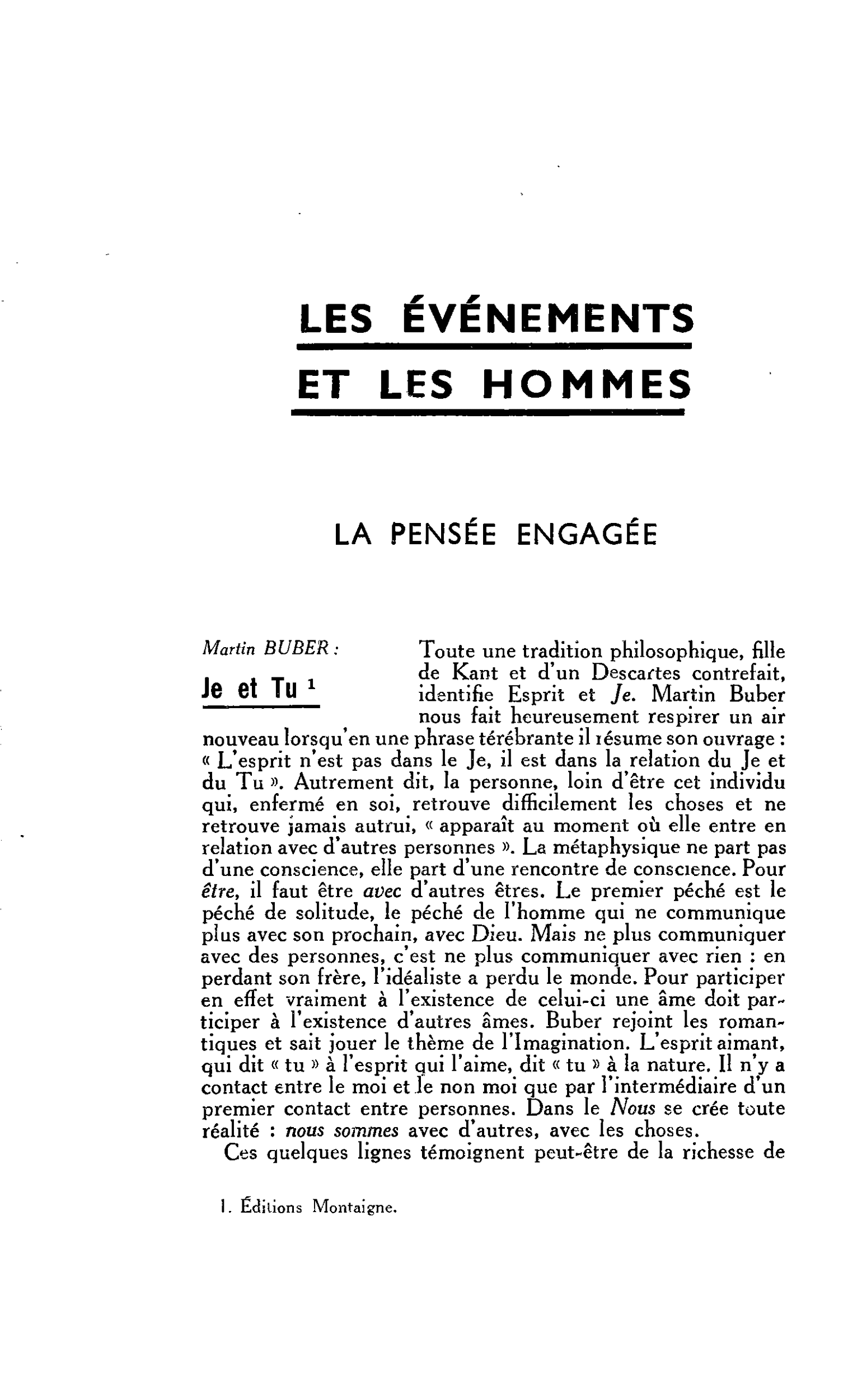 LA PENSÉE ENGAGÉE. Martin BUBER : Je et Tu