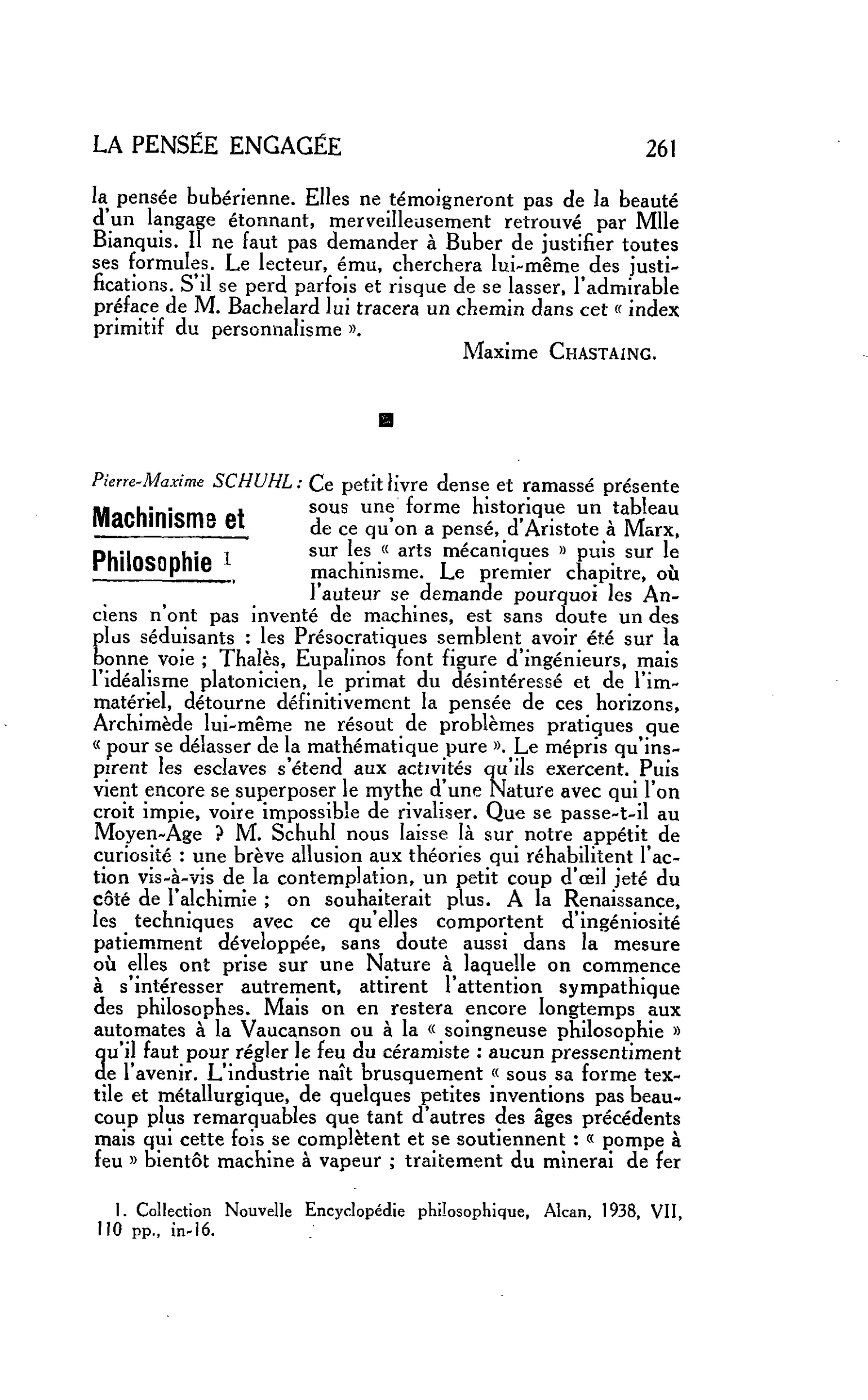 LA PENSÉE ENGAGÉE. Pierre-Maxime SCHUHL : Machinisme et Philosophie
